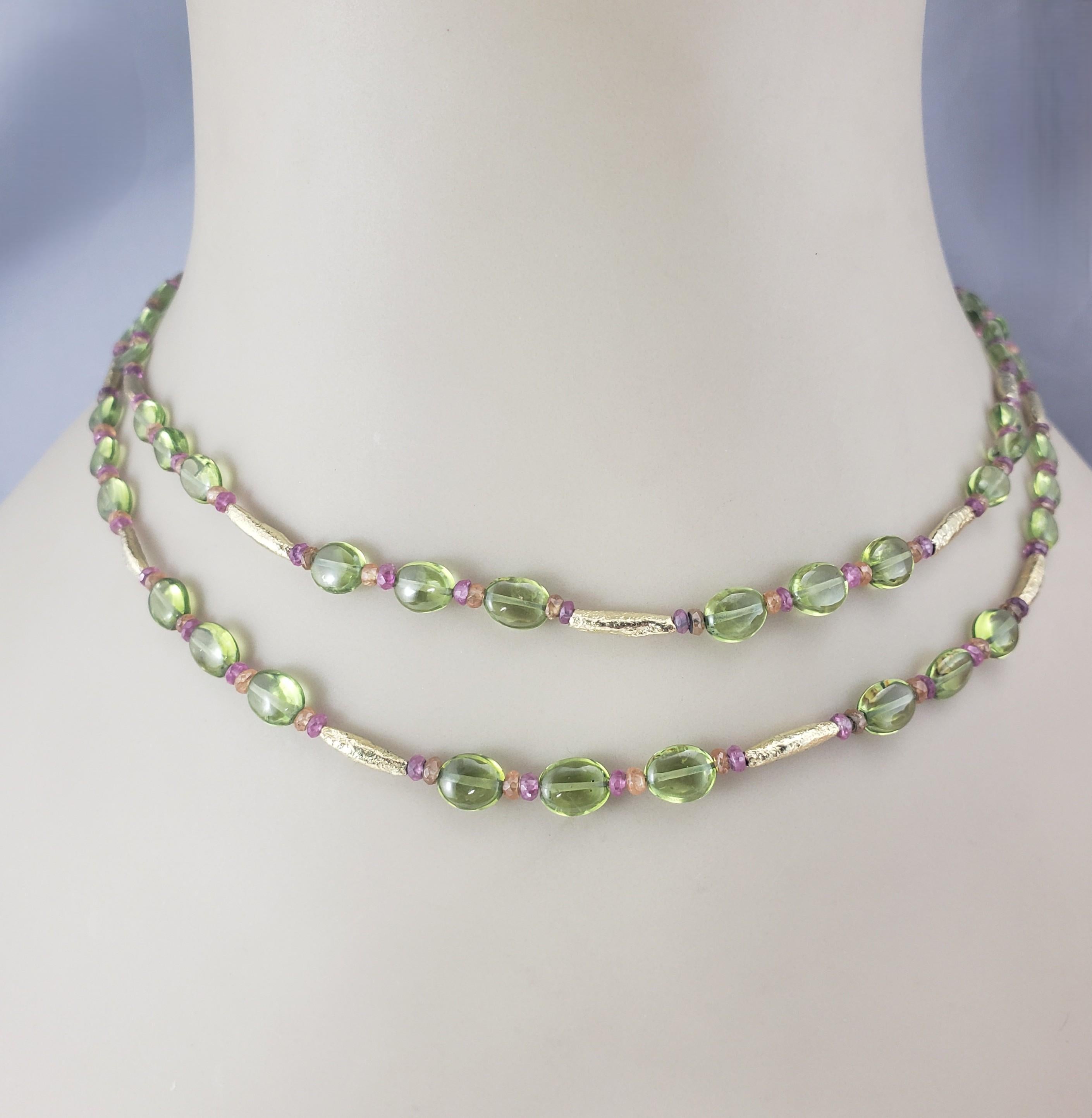 18K Yellow Gold Peridot, Pink & Orange Sapphire Necklace JAGi Certified #22678 For Sale 1