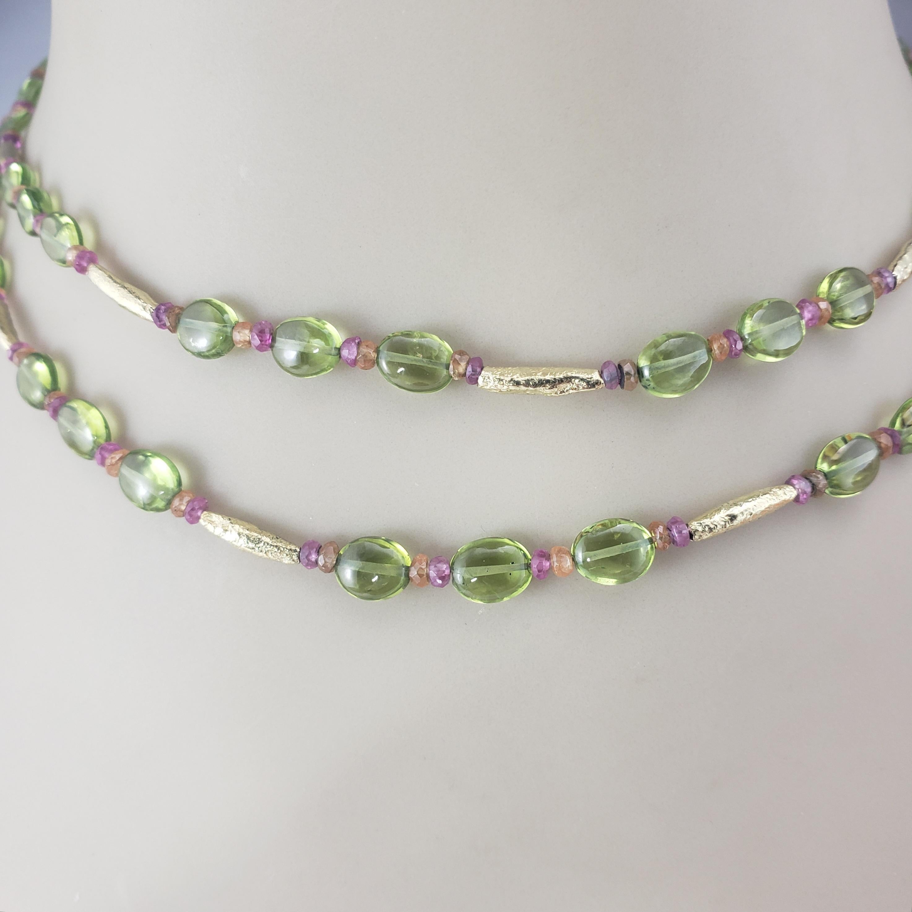 18K Yellow Gold Peridot, Pink & Orange Sapphire Necklace JAGi Certified #22678 For Sale 2