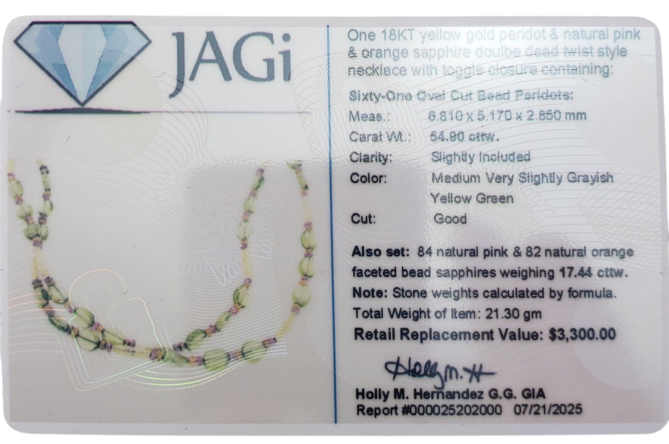 18K Yellow Gold Peridot, Pink & Orange Sapphire Necklace JAGi Certified #22678 For Sale 4