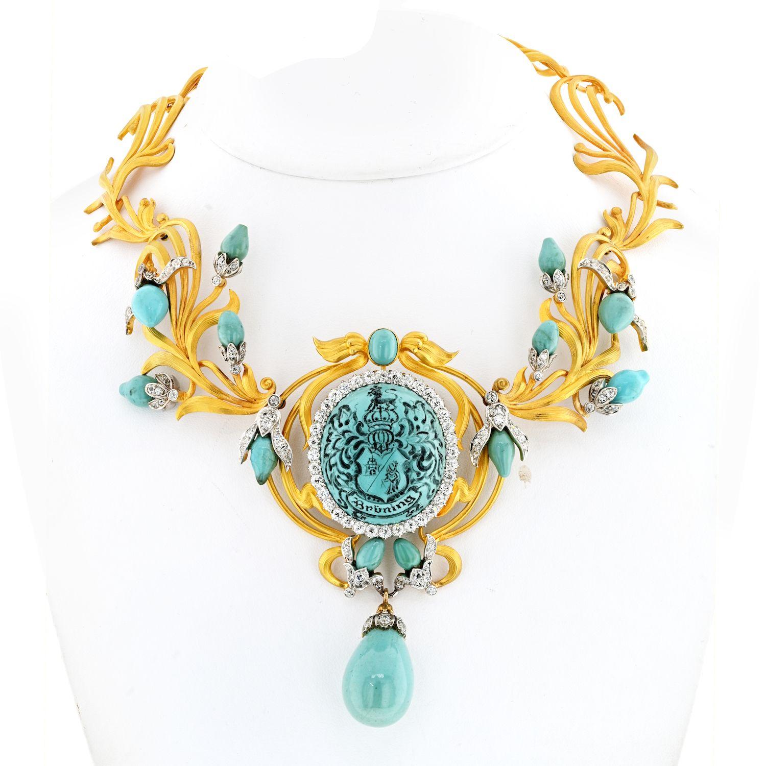 The 18K Yellow Gold Persian Turquoise Antique Diamond Necklace is a stunning piece of jewelry that exudes elegance and sophistication. The necklace is crafted from 18-karat yellow gold, giving it a beautiful warm tone and contrasting turquoise along