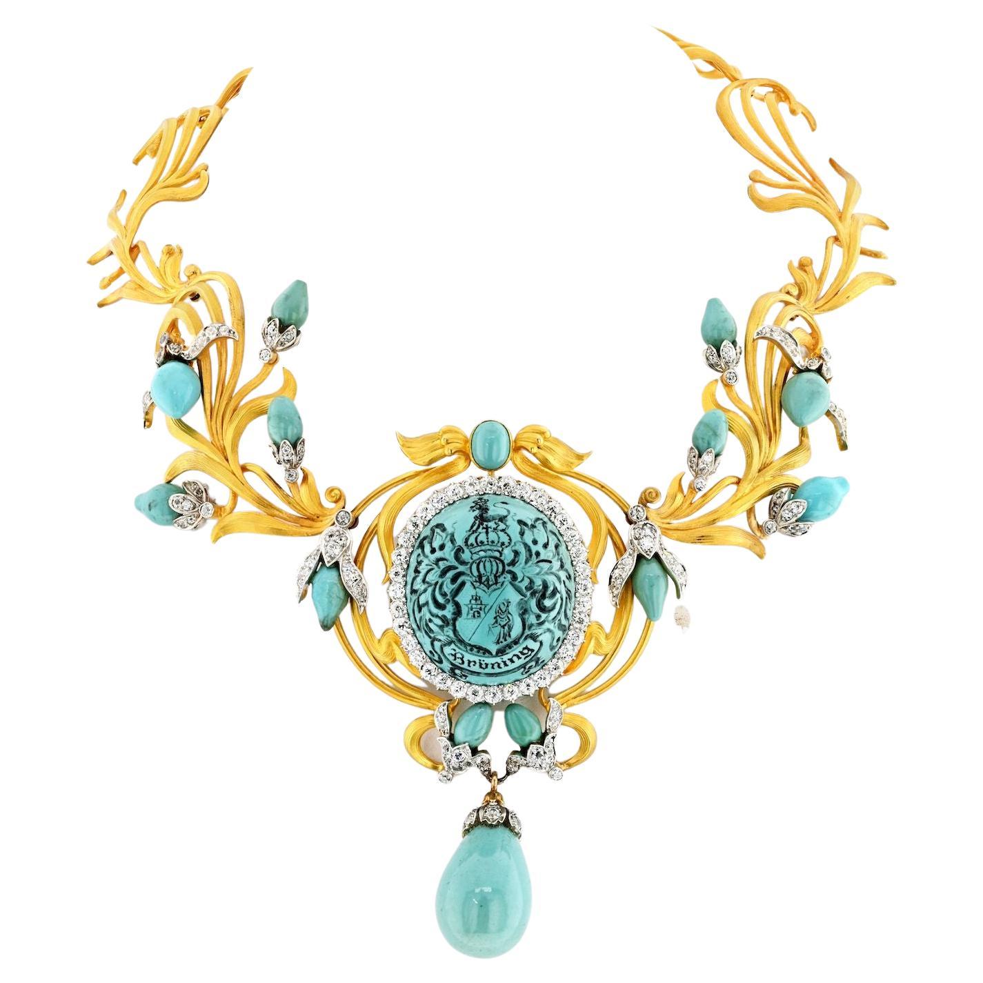 Collier en or jaune 18 carats avec turquoise de Perse et diamants anciens