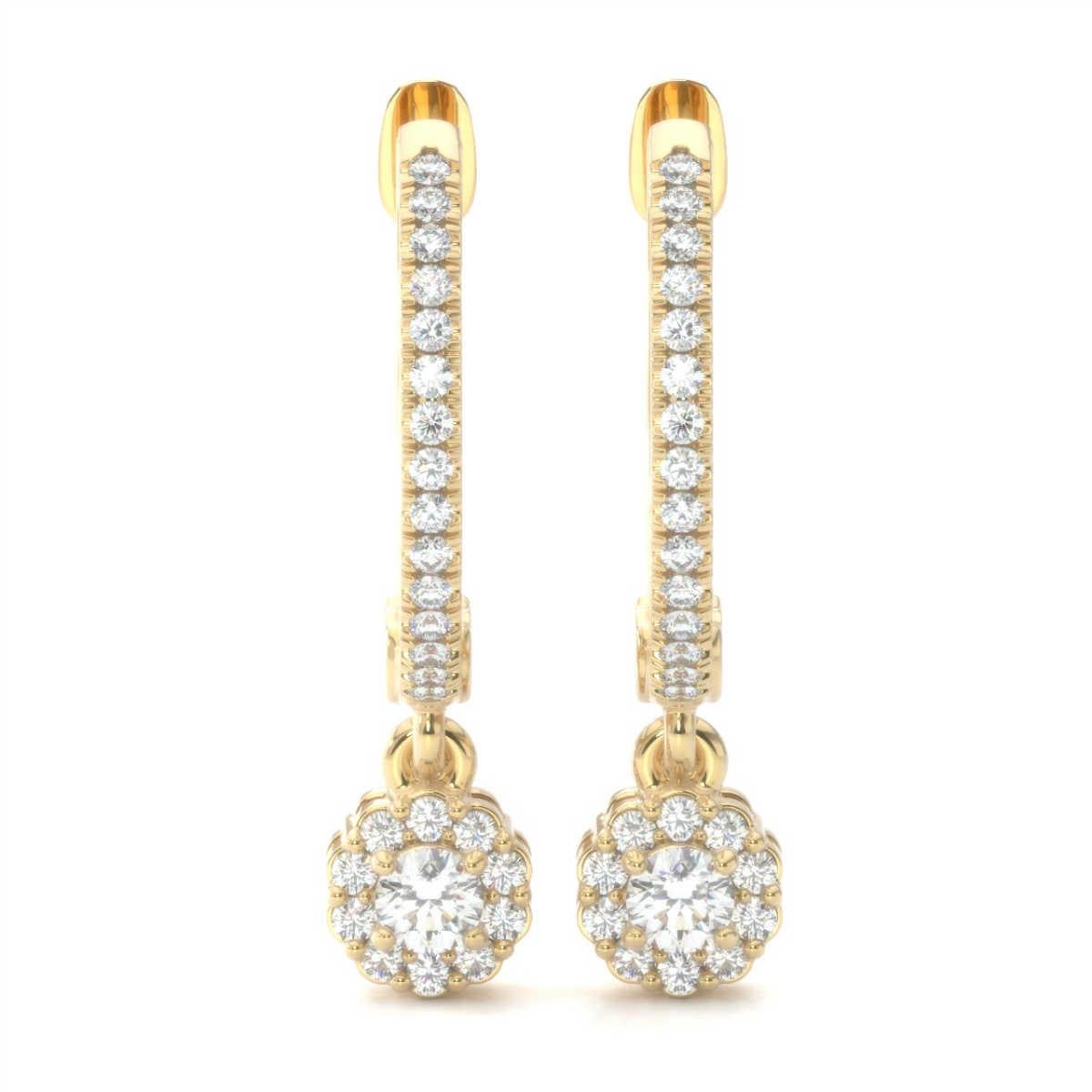 Round Cut 18 Karat Yellow Gold Petite Dangling Halo Diamond Earrings '1/3 Carat' For Sale