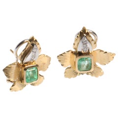 18k Yellow Gold Pierced Earrings 'Clip Adjustable' with Diamonds and Emeralds