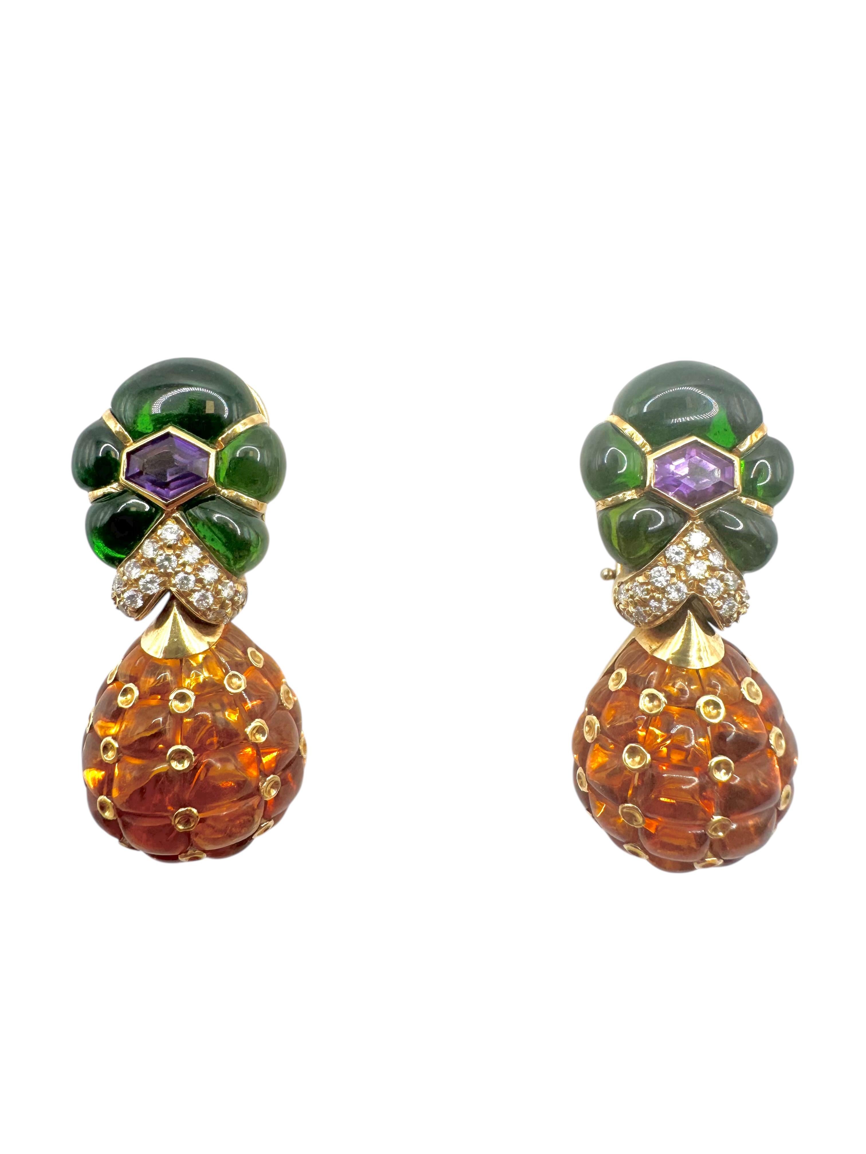 18K Yellow Gold Pineapple Clip-On Earrings For Sale 3