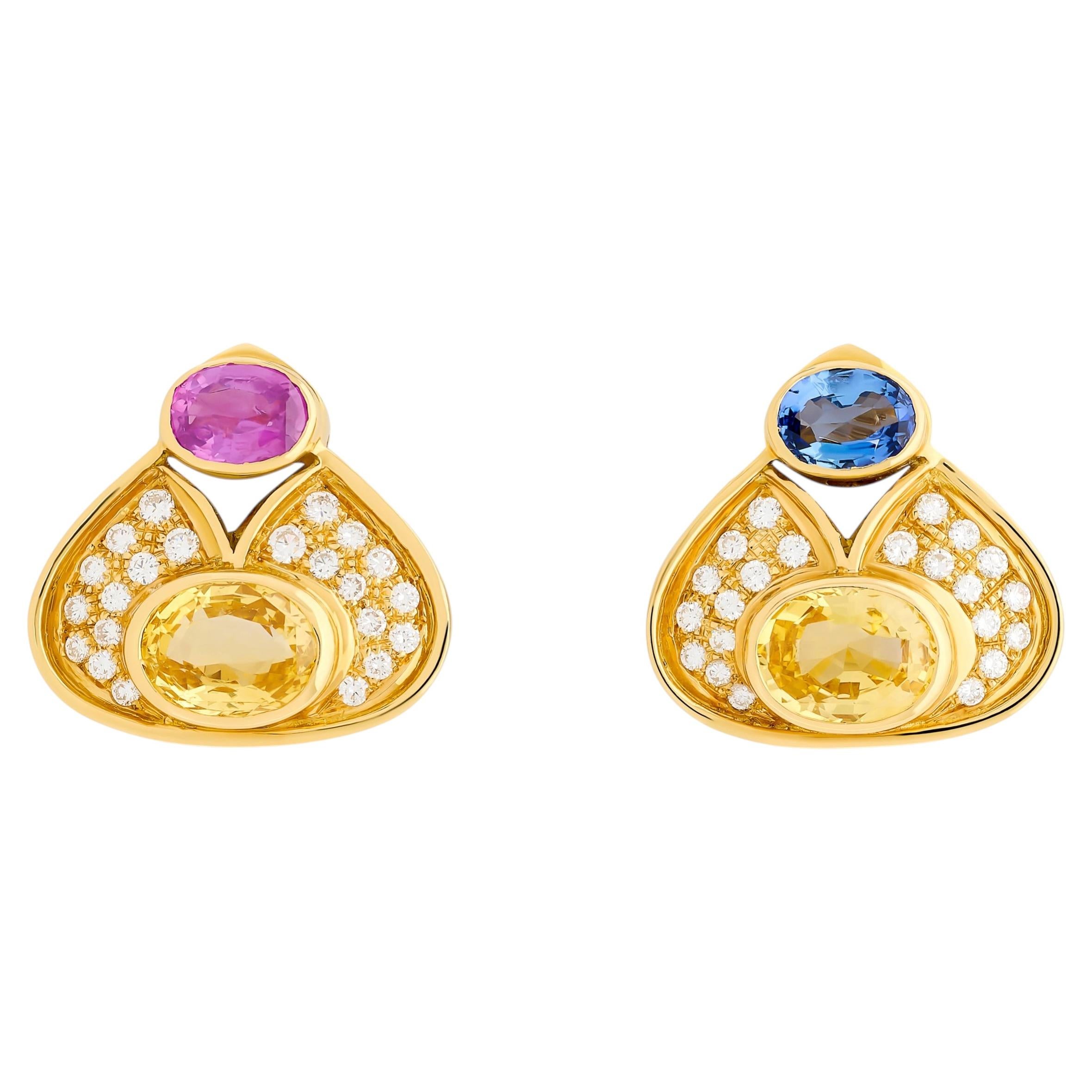 Boucles d'oreilles en or jaune 18K avec saphirs roses, bleus et jaunes et diamants en vente