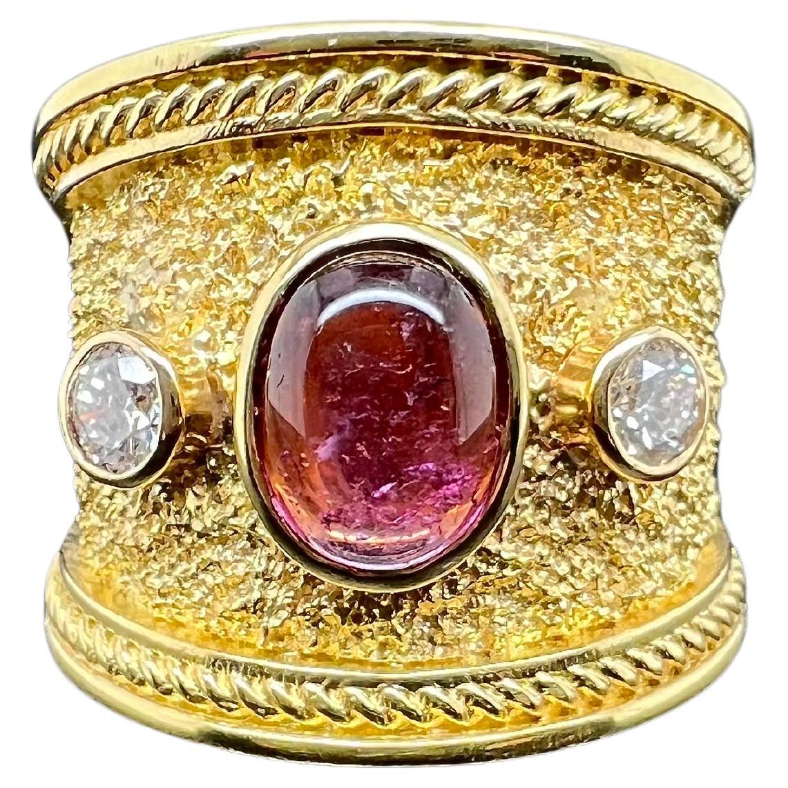 18k Yellow Gold Pink Cabochon Tourmaline Wild Ring with Diamonds For Sale