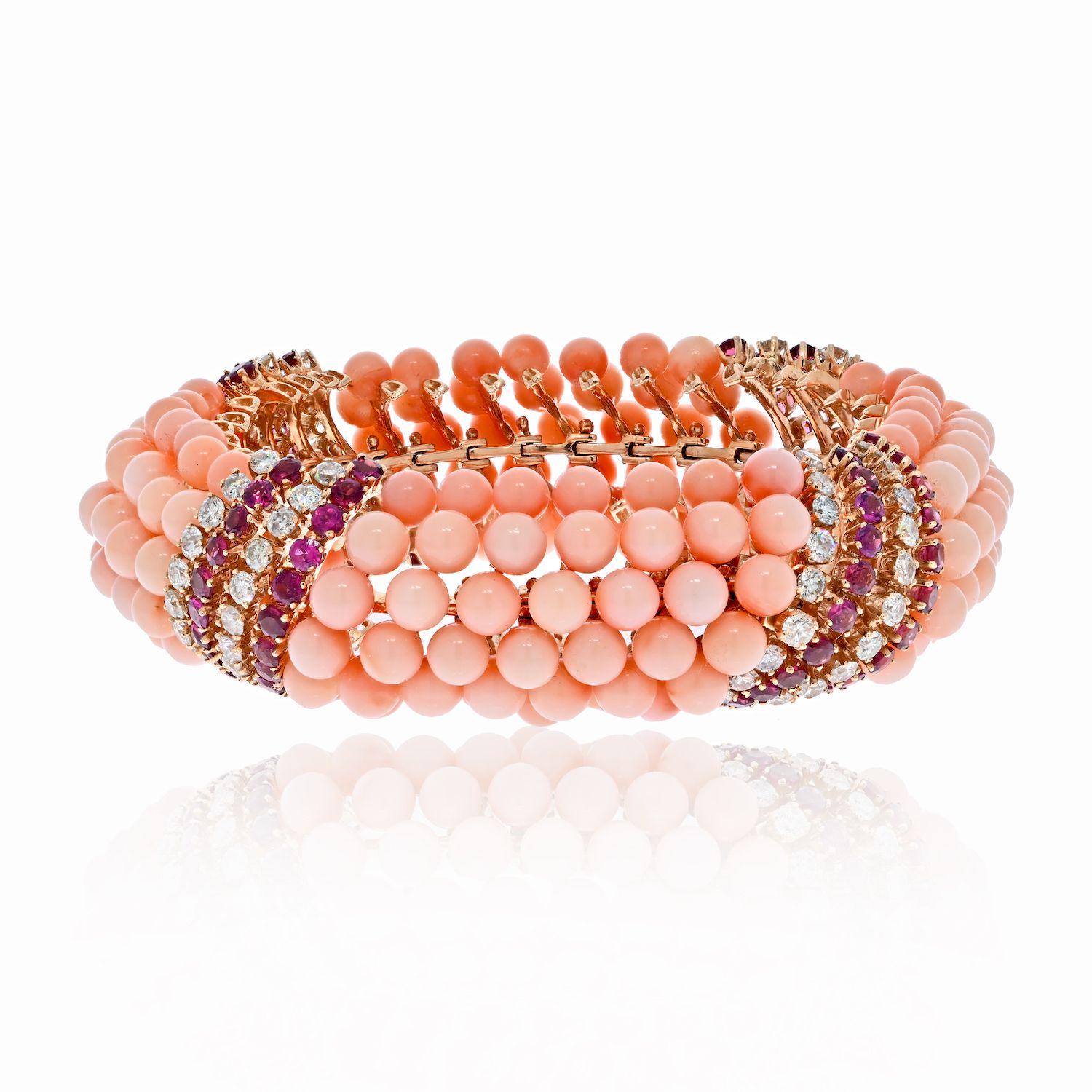 Round Cut 18K Yellow Gold Pink Coral Beads, Diamonds and Ruby Multi-Row Bracelet For Sale
