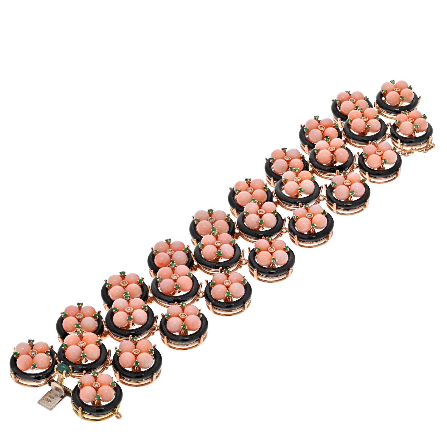 Modern 18K Yellow Gold Pink Coral & Black Enamel Floral Bracelet For Sale