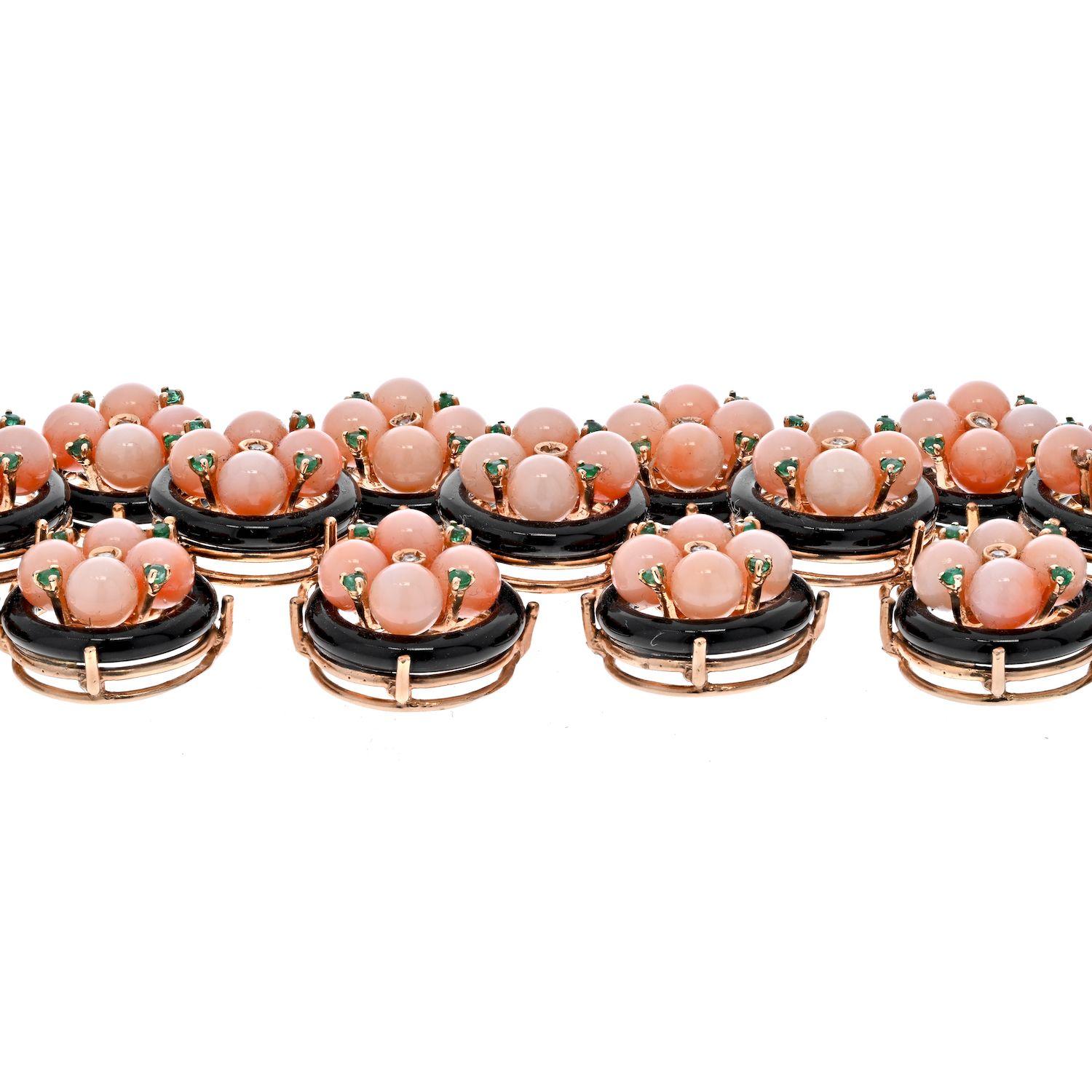18K Yellow Gold Pink Coral & Black Enamel Floral Bracelet In Excellent Condition For Sale In New York, NY