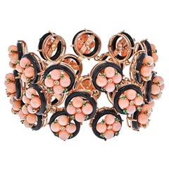 Vintage 18K Yellow Gold Pink Coral & Black Enamel Floral Bracelet