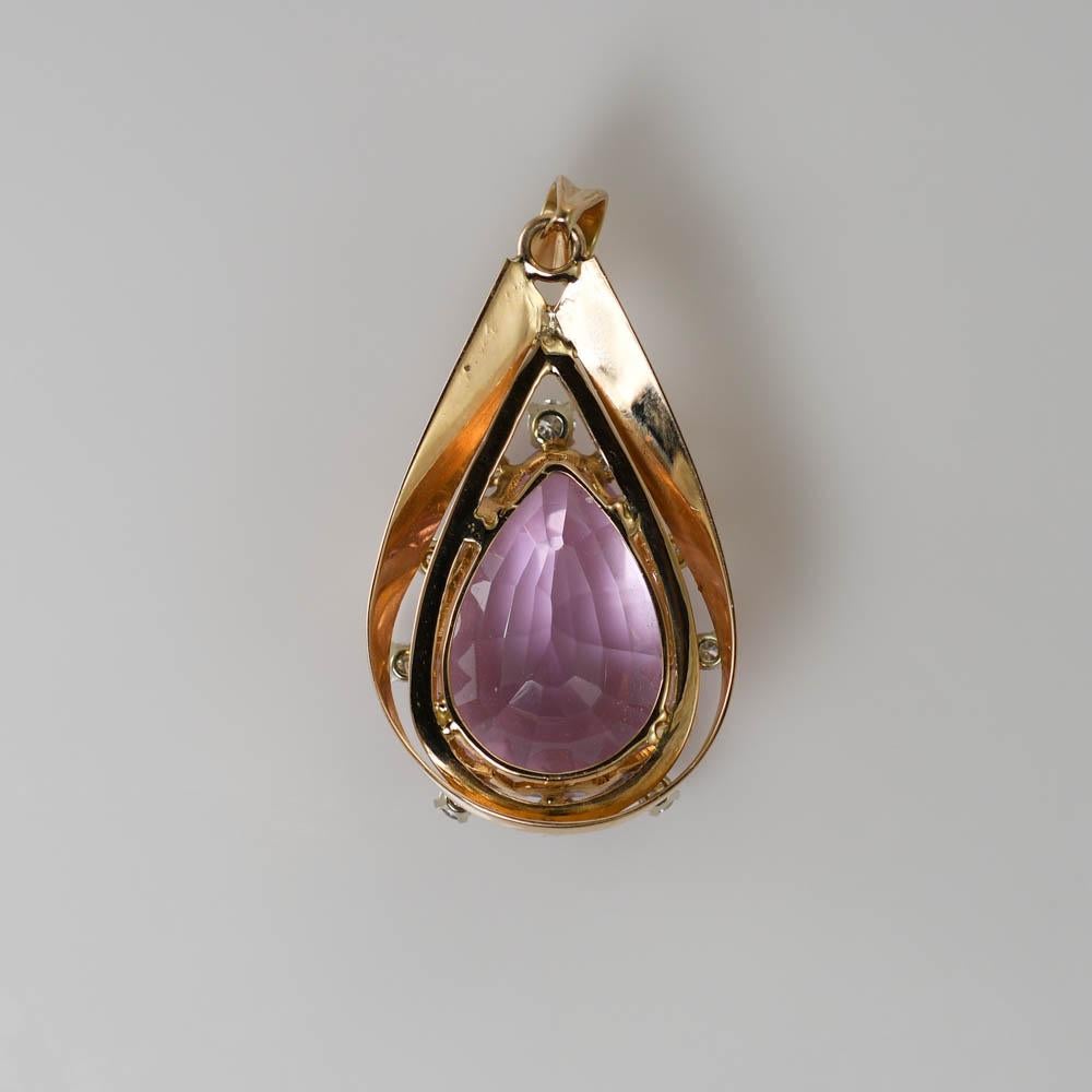 Pear Cut 18K Yellow Gold Pink Kunzite and Diamond Pendant 13.3g