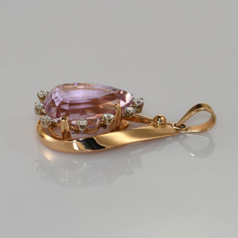 Women's or Men's 18K Yellow Gold Pink Kunzite and Diamond Pendant 13.3g