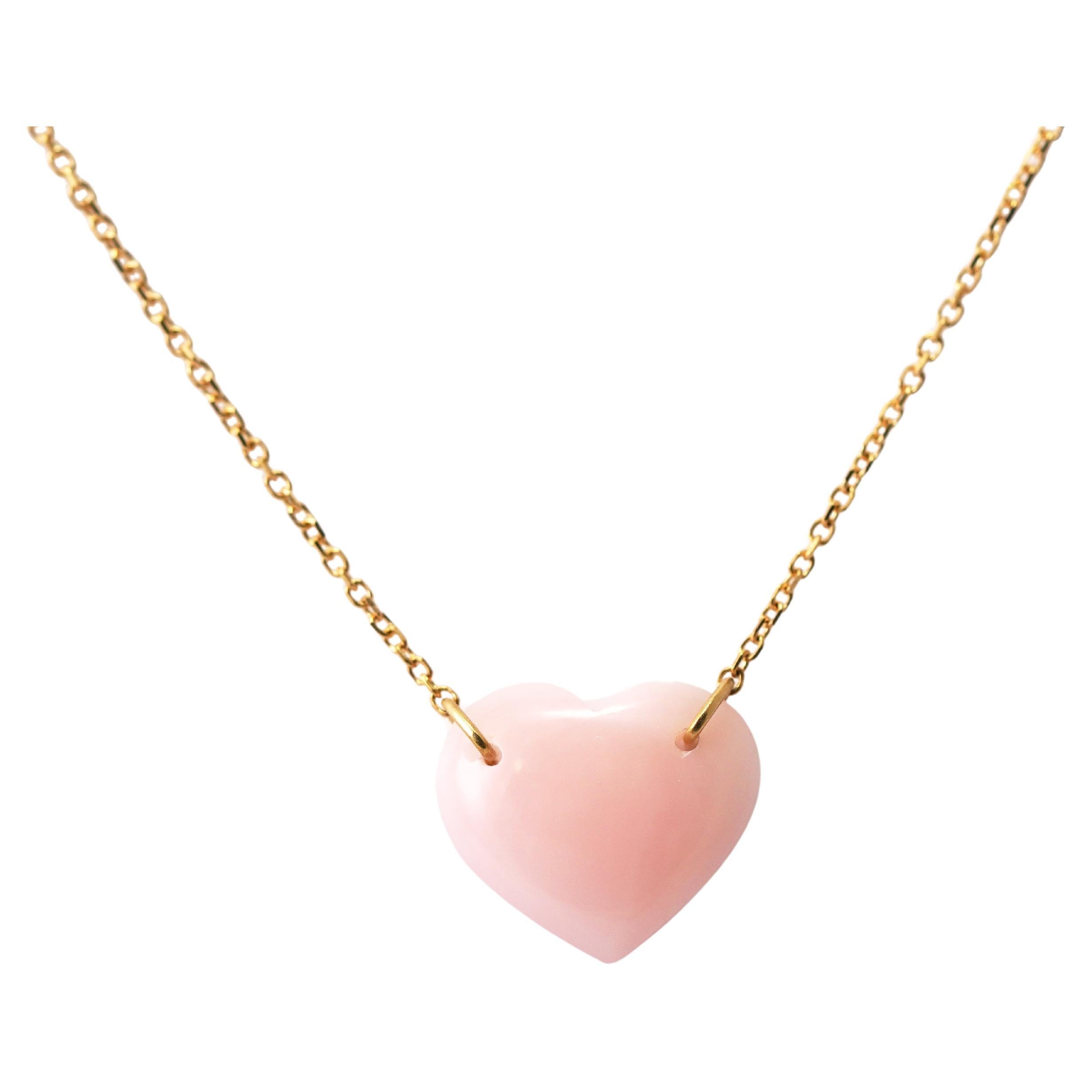 18K Yellow Gold Pink Opal Heart Necklace