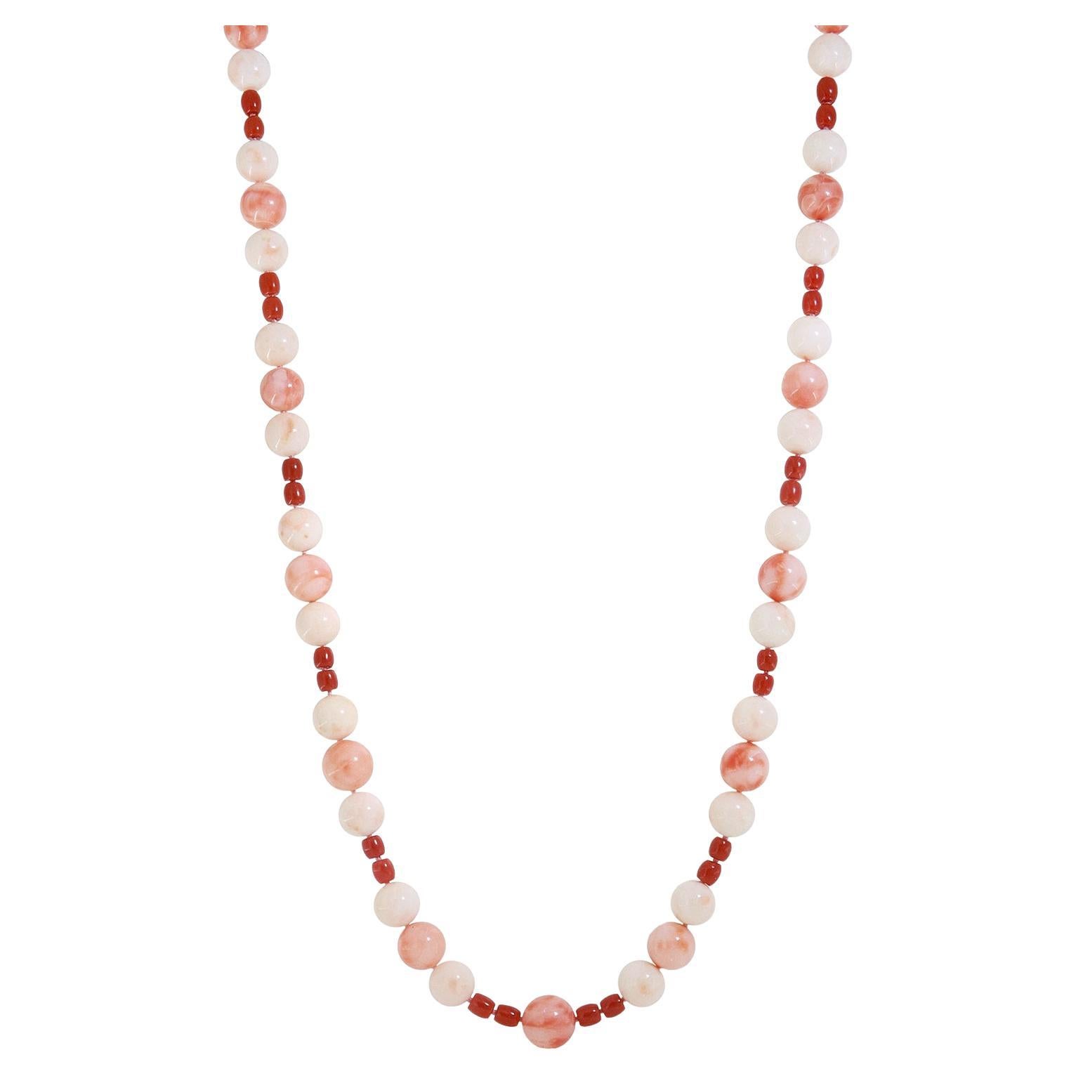 18K Yellow Gold Pink, Red, and White Coral Bead Necklace