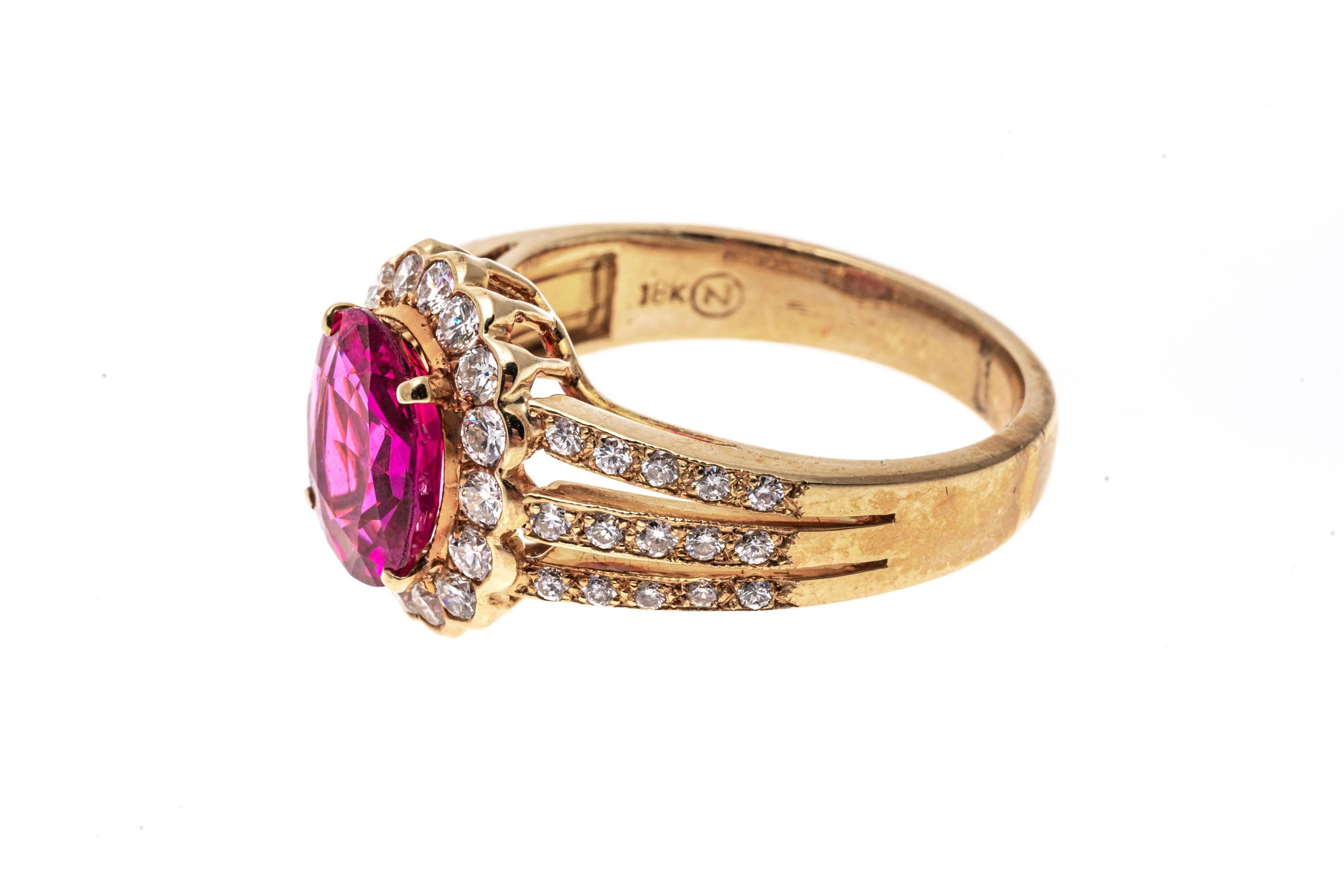 Oval Cut 18k Yellow Gold Pink Sapphire and Diamond Cluster Ring, App. 0.47 TCW For Sale