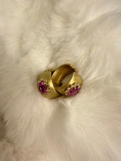 18K Yellow Gold, Pink Sapphire and Diamond Huggie Earrings by Suzy Linda