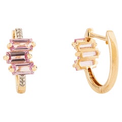 18K Yellow Gold Pink Sapphire 
Diamond Baguette Huggie Hoop Earrings for Gift
