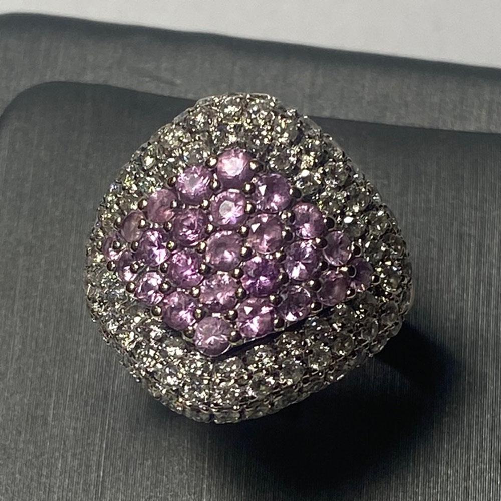 Taille ronde Bague de cocktail en or jaune 18K saphir rose et diamant 12,5g en vente