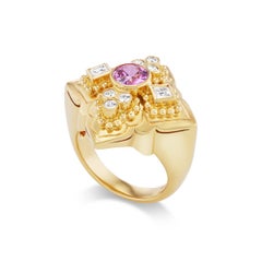 Bague en or jaune 18K, saphir rose et diamant par Paula Crevoshay