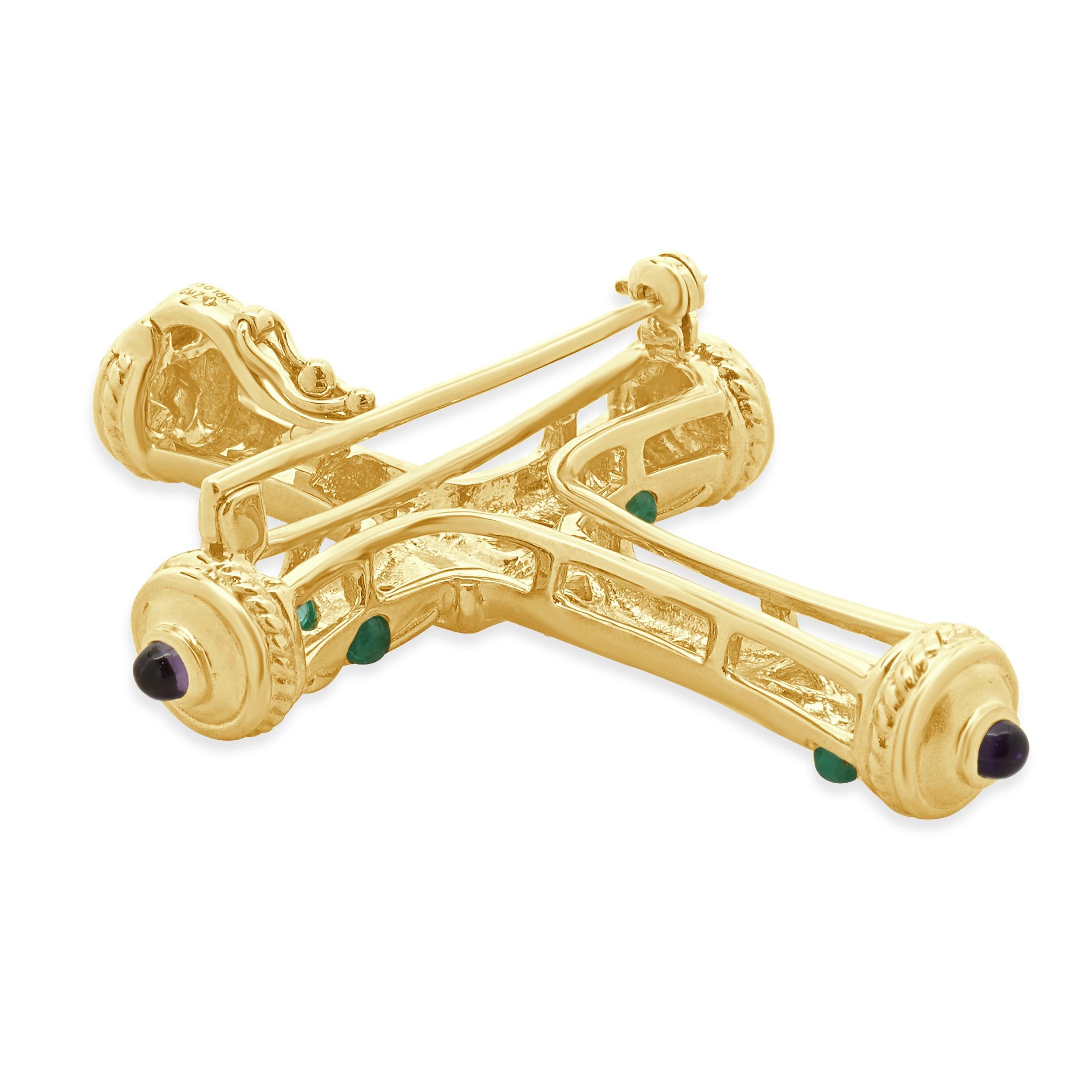 Taille cabochon Croix en or jaune 18k saphir rose, tourmaline Paraiba, diamant et améthyste P en vente