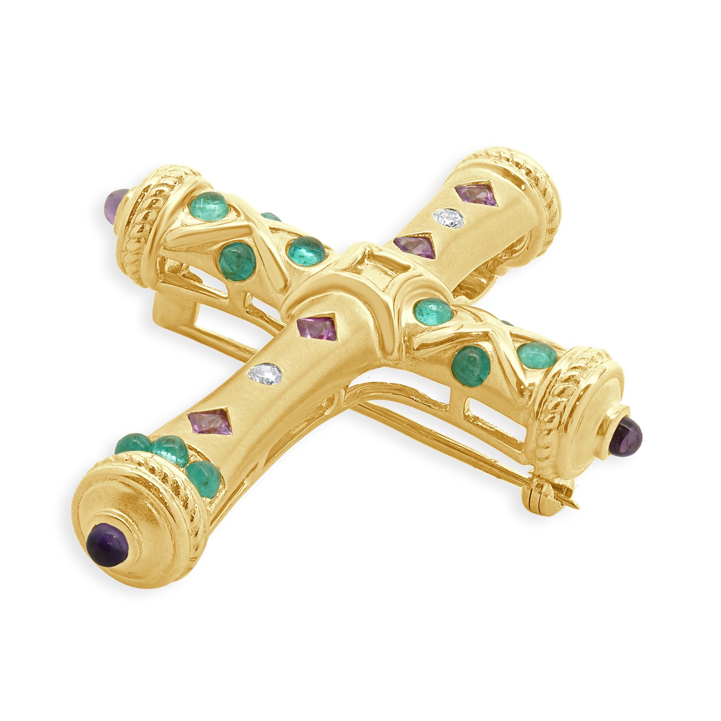 Croix en or jaune 18k saphir rose, tourmaline Paraiba, diamant et améthyste P en vente