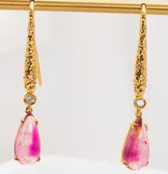 18k Yellow Gold Pink Tourmaline and Diamond Hook Dangle Earrings