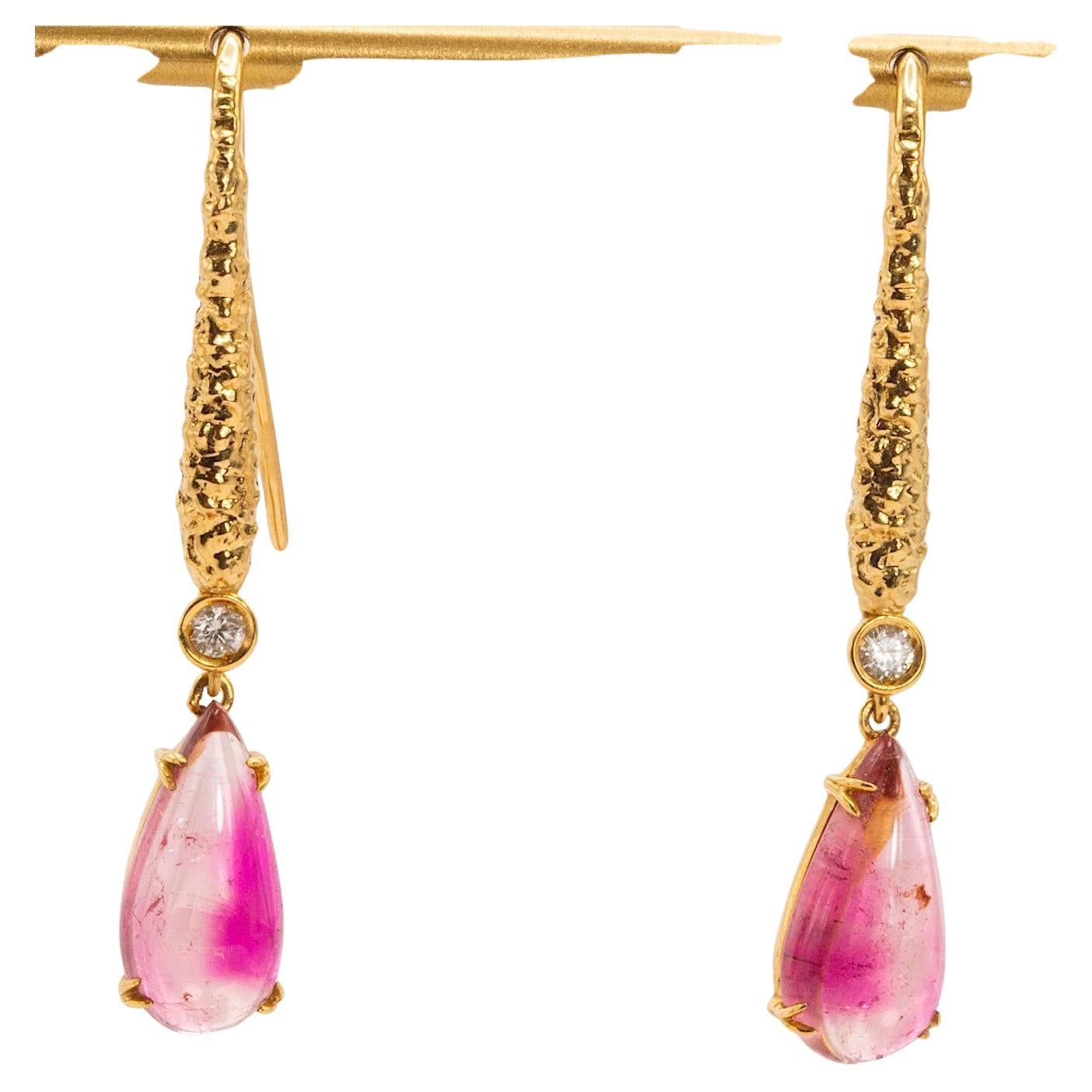 18k Yellow Gold Pink Tourmaline and Diamond Hook Dangle Earrings
