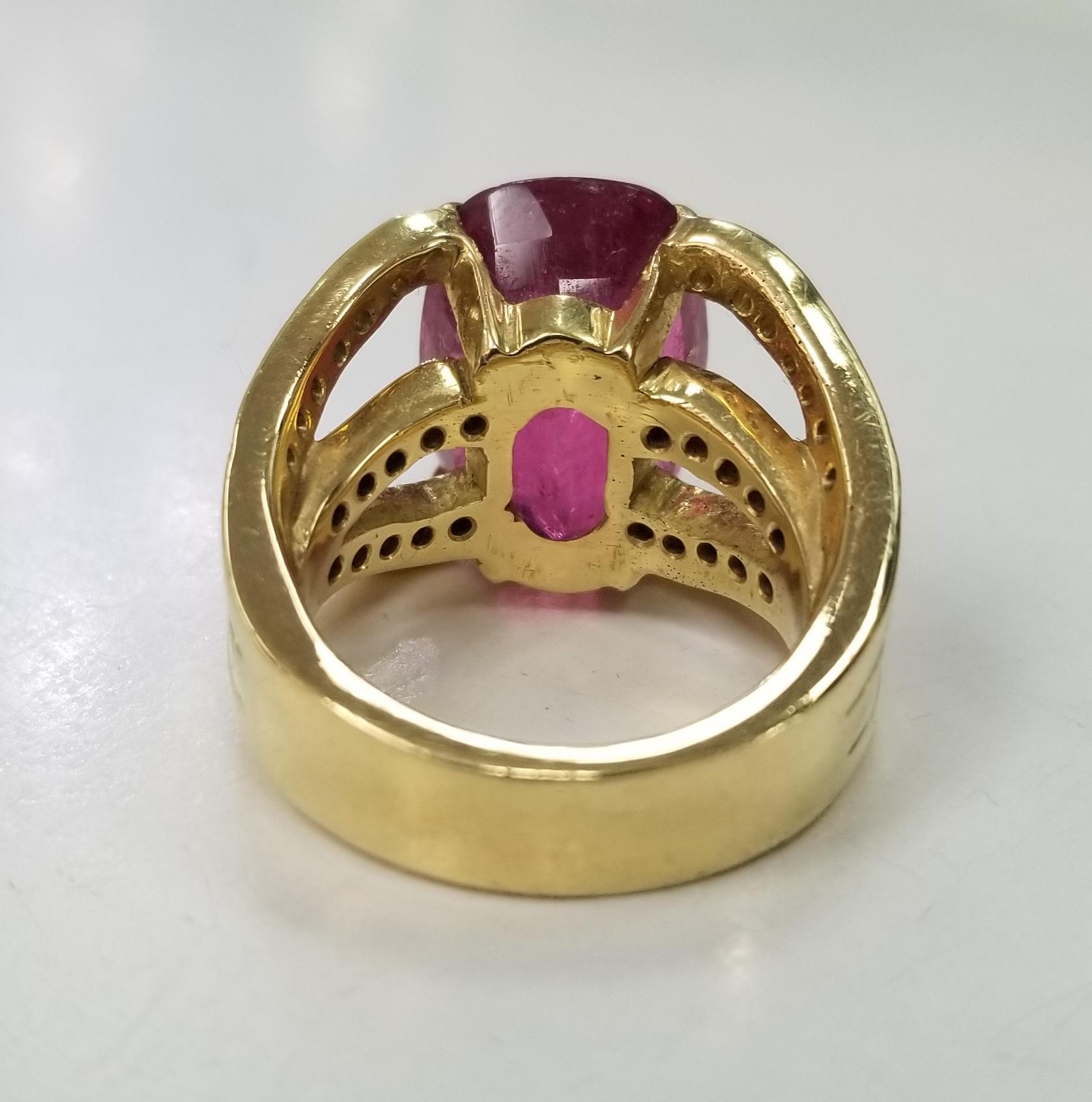 Oval Cut 18 Karat Yellow Gold Pink Tourmaline and Diamond Ring