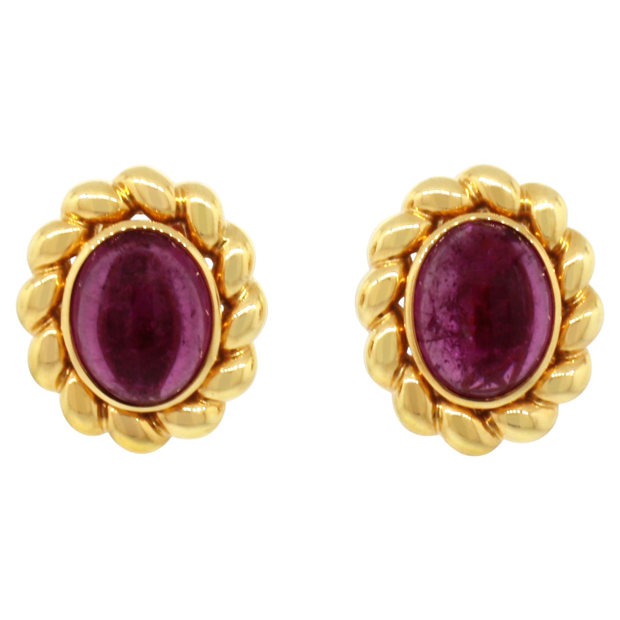 18k Yellow Gold Pink Tourmaline Cabochon Clip-on Earrings