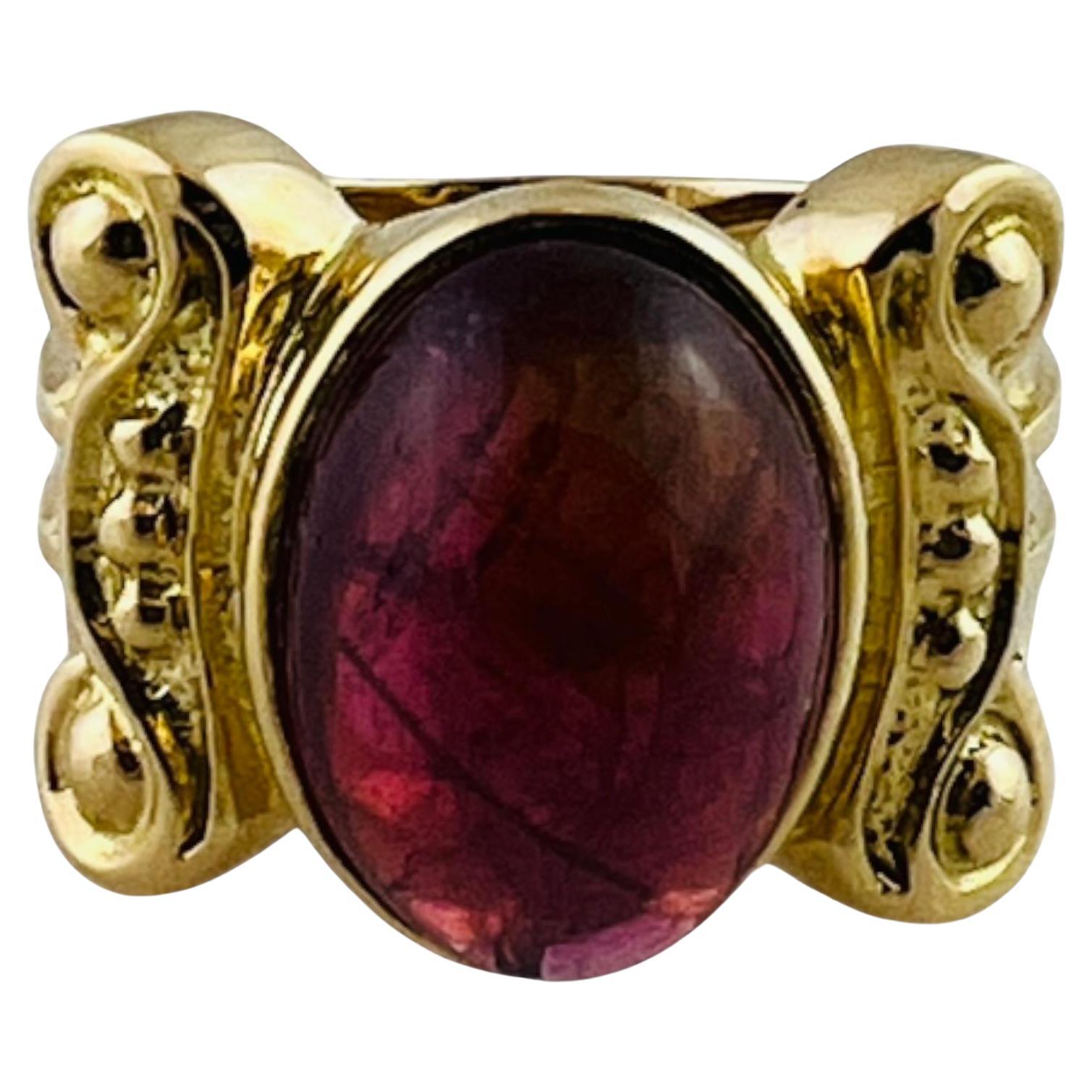 18K Yellow Gold Pink Tourmaline Cabochon Statement Ring Size 5.5 #16484