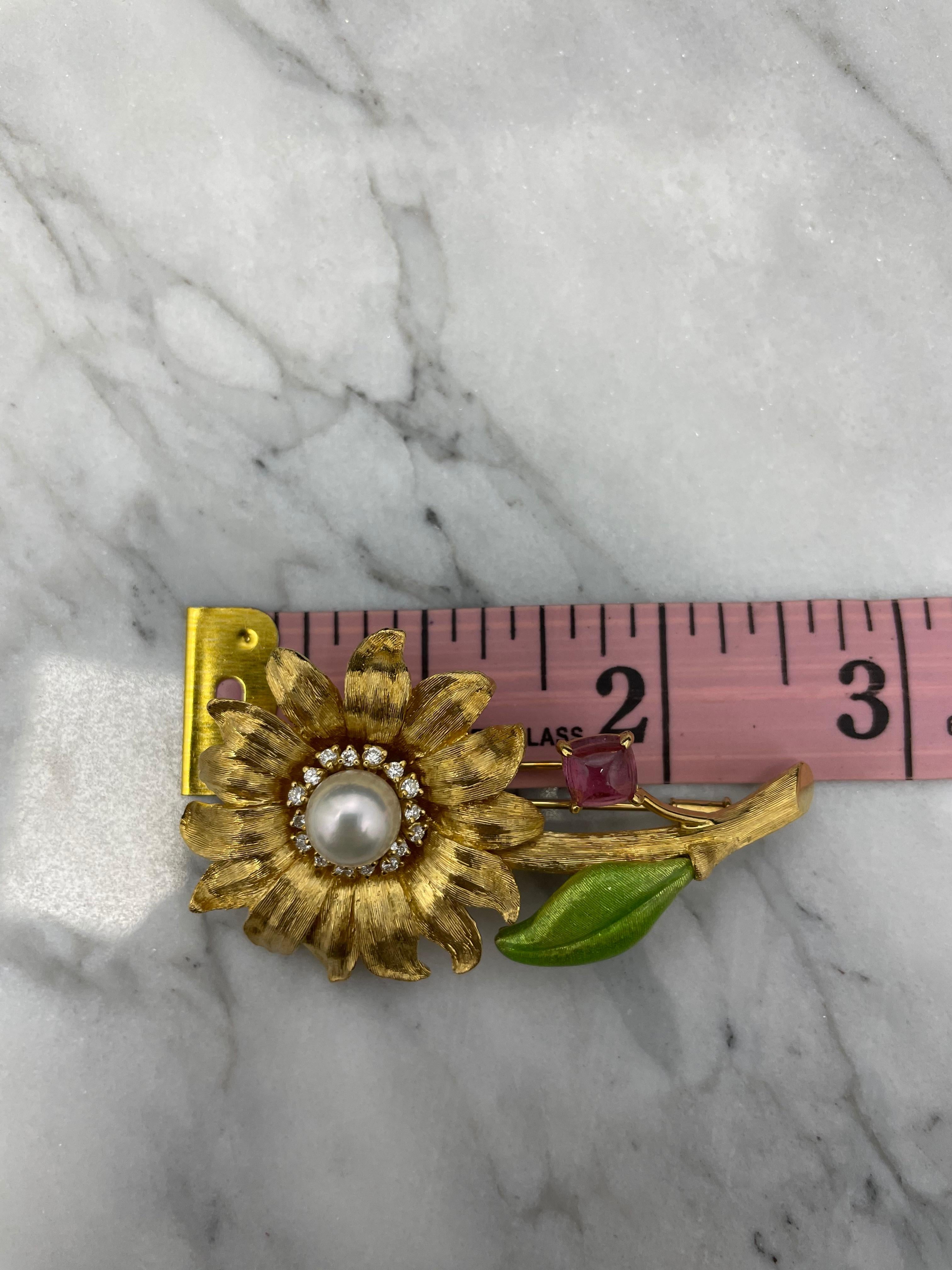 18K Yellow Gold, Pink Tourmaline, Diamond and Pearl Flower Brooch

Full-cut diamonds weighing a total of approximately 0.35 carat; Pink tourmaline sugarloaf cabochon weighing approximately 1.40 carats

Pearl: Cultured pearl measuring 9.00 mm 
18K