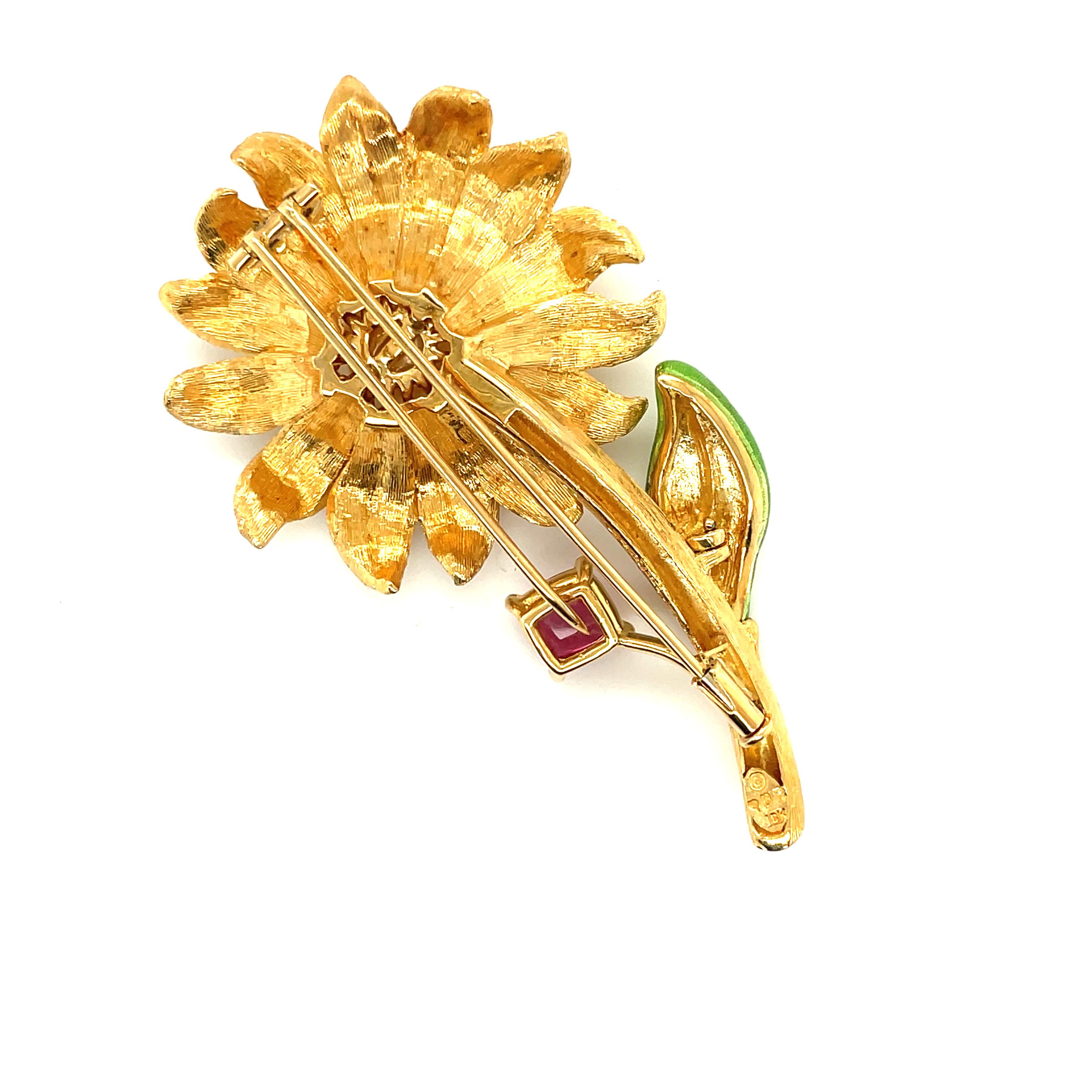 Retro 18k Yellow Gold, Pink Tourmaline, Diamond and Pearl Flower Brooch For Sale