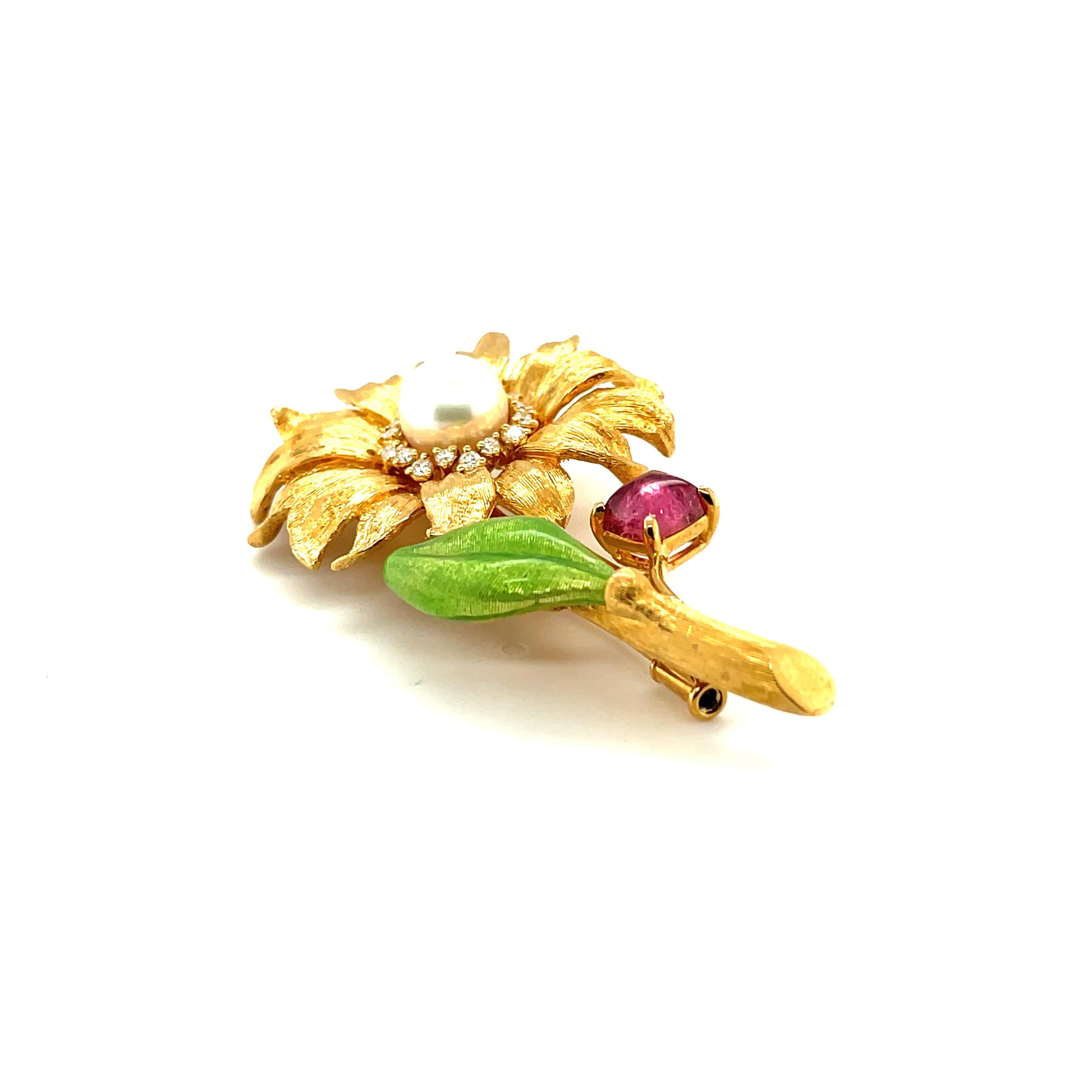 Sugarloaf Cabochon 18k Yellow Gold, Pink Tourmaline, Diamond and Pearl Flower Brooch For Sale