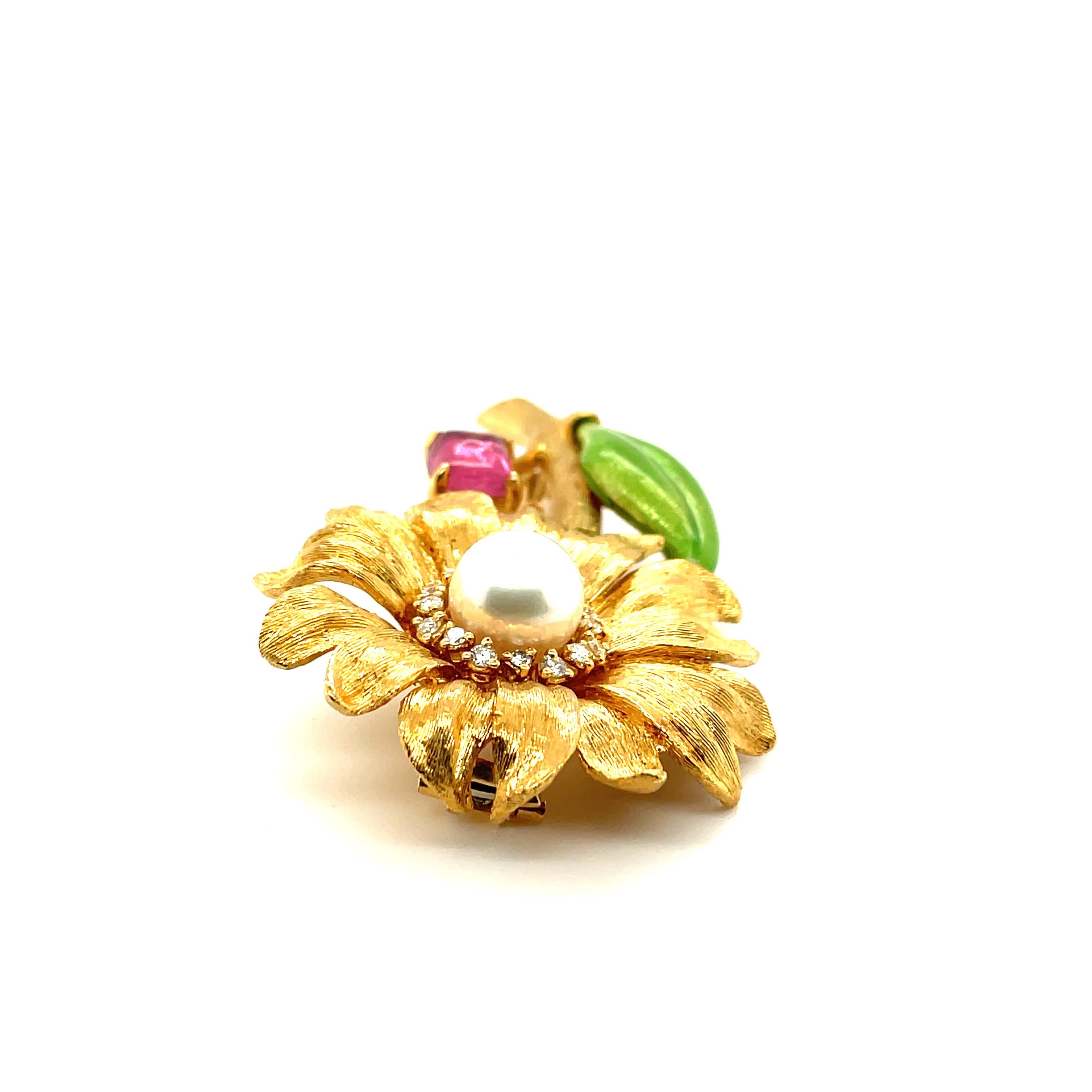 18k Yellow Gold, Pink Tourmaline, Diamond and Pearl Flower Brooch In Good Condition For Sale In New York, NY