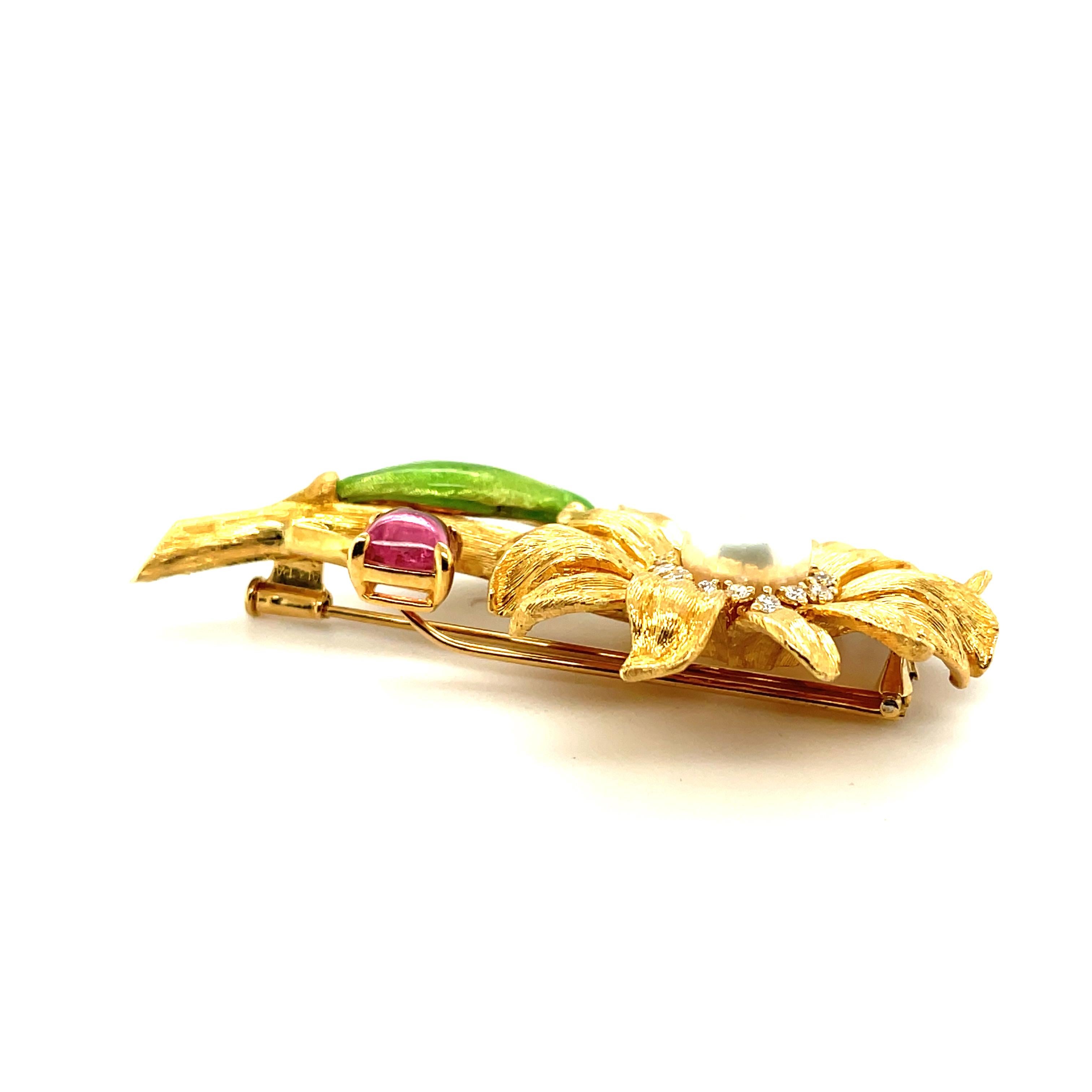 Women's 18k Yellow Gold, Pink Tourmaline, Diamond and Pearl Flower Brooch For Sale