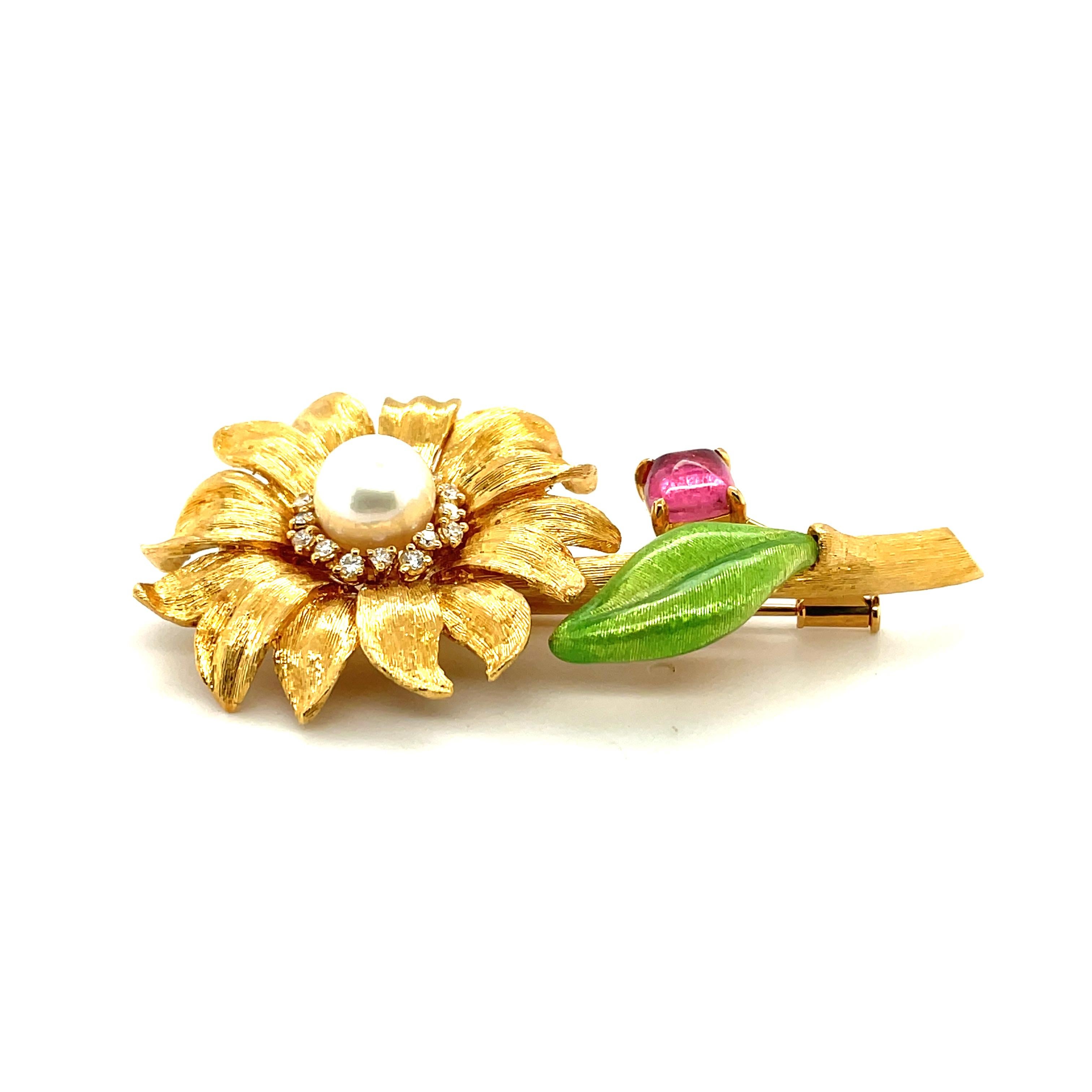 18k Yellow Gold, Pink Tourmaline, Diamond and Pearl Flower Brooch For Sale 1