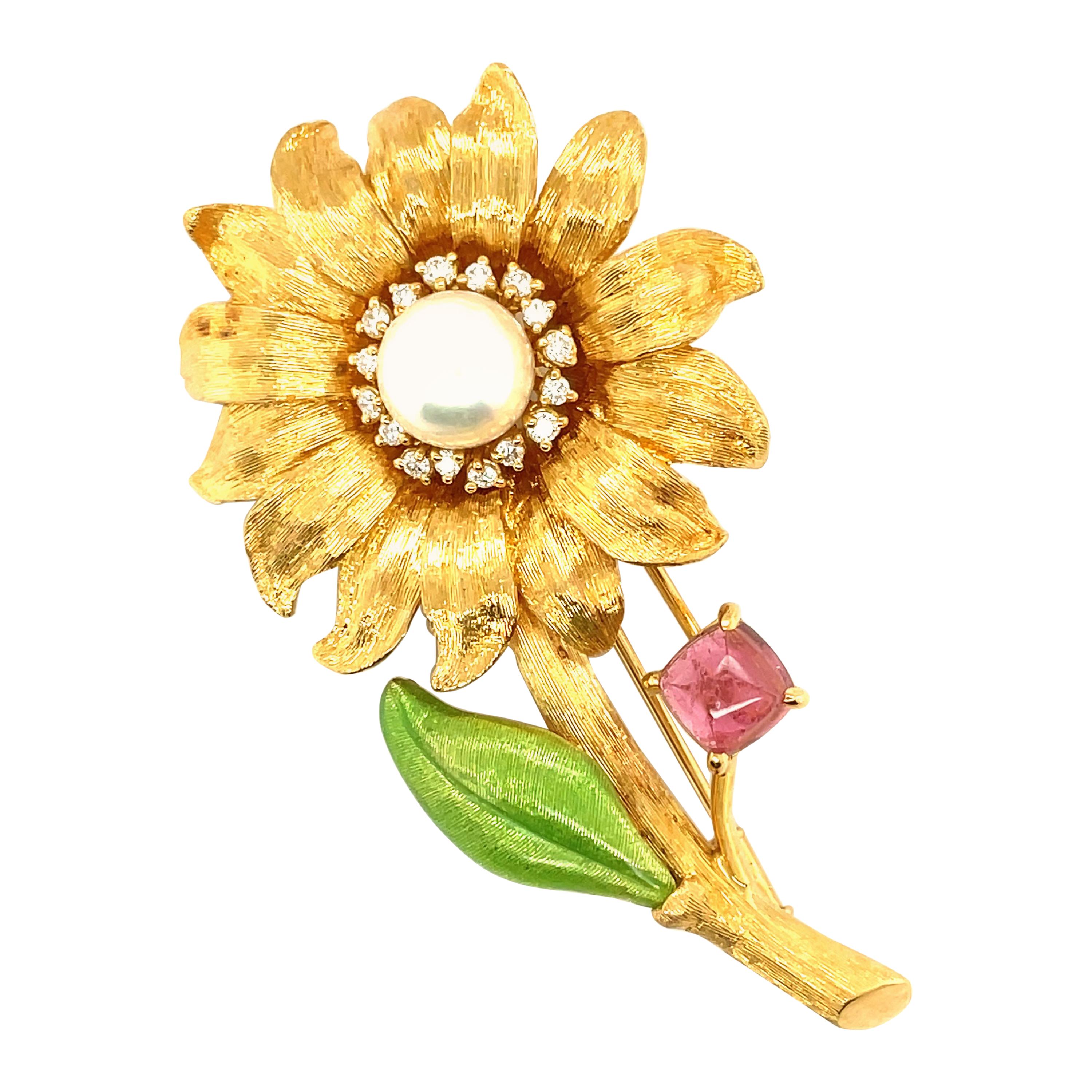 18k Yellow Gold, Pink Tourmaline, Diamond and Pearl Flower Brooch For Sale