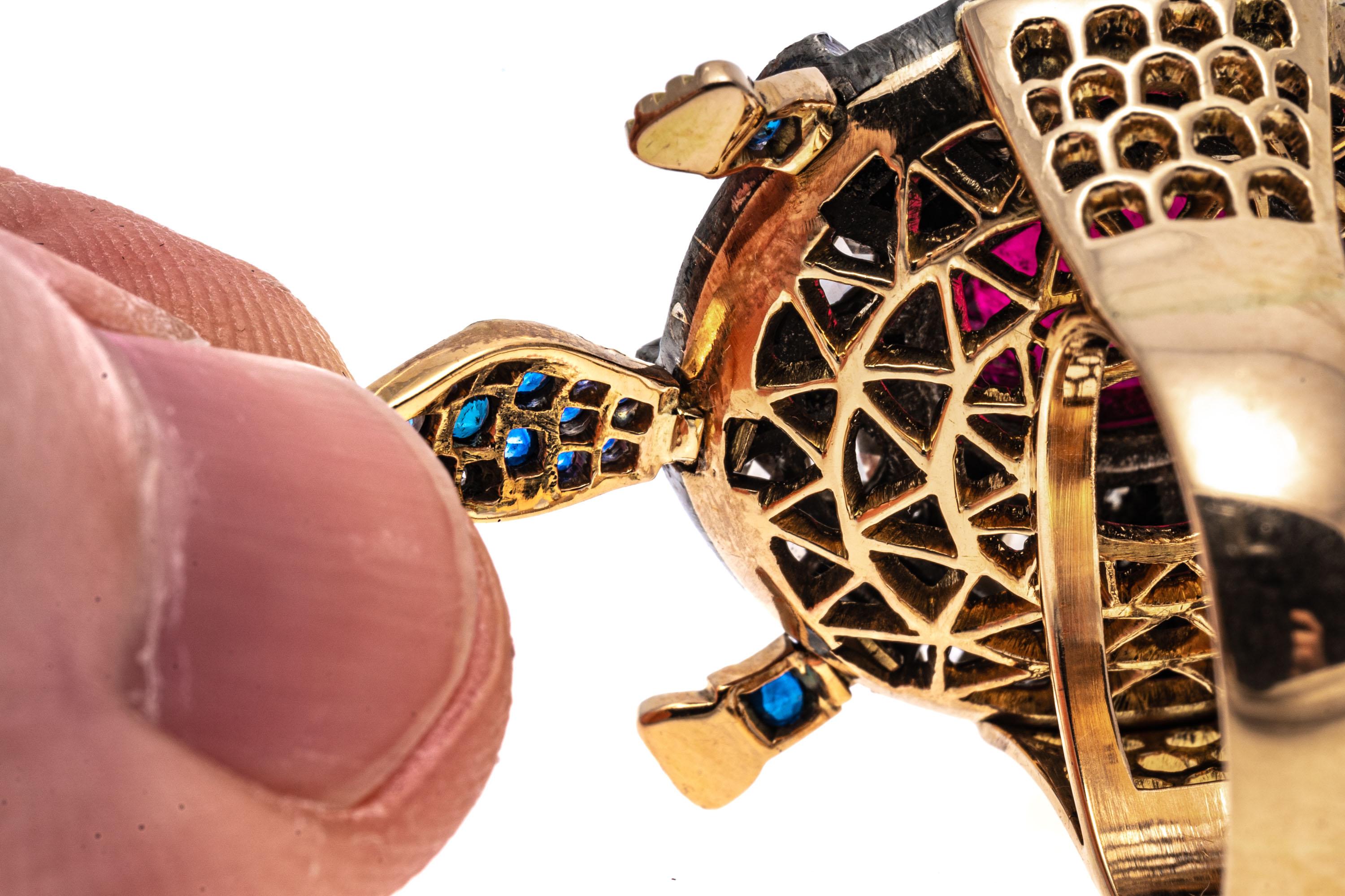 18k Yellow Gold Pink Tourmaline, Diamond And Sapphire Turtle Ring For Sale 4