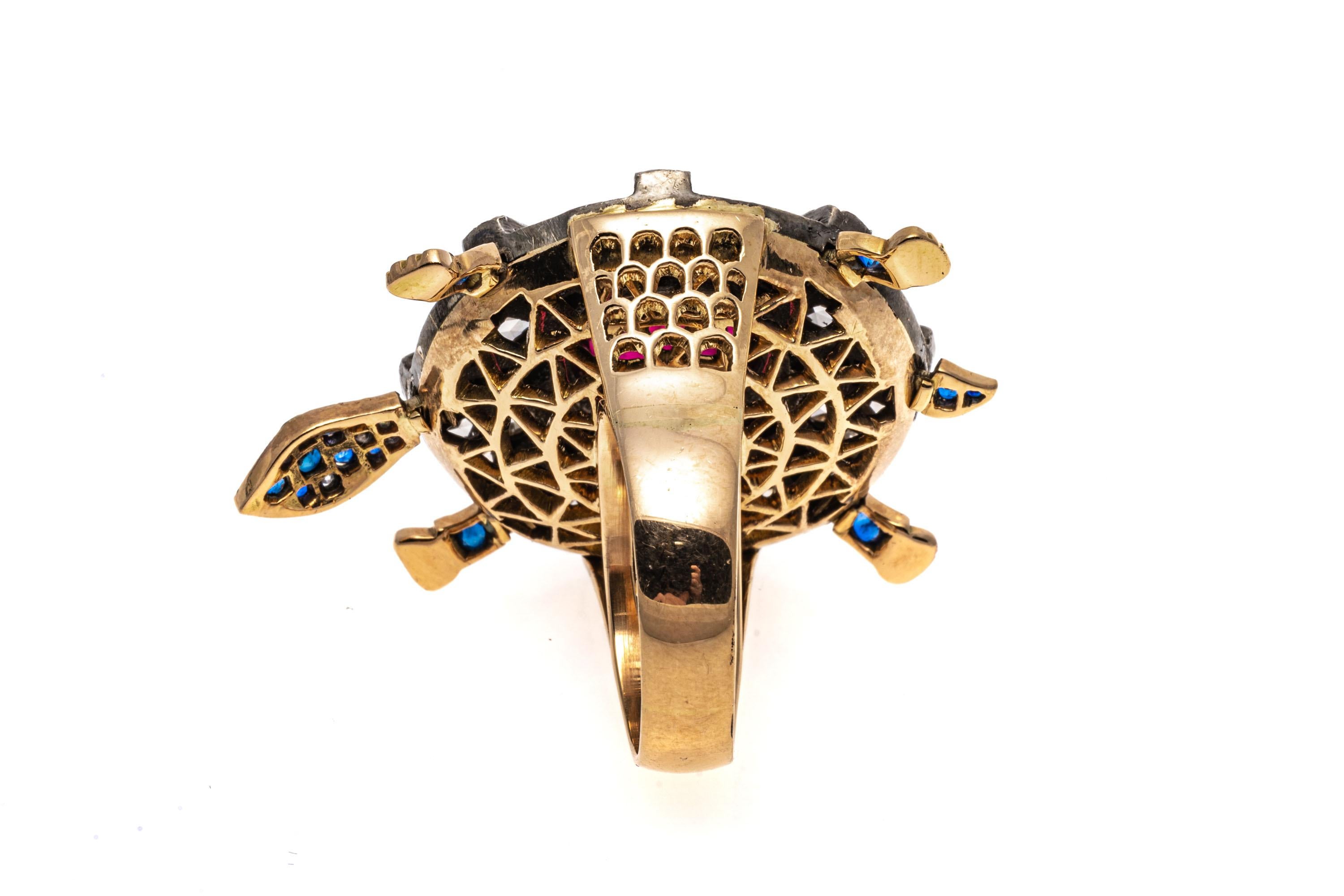 18k Yellow Gold Pink Tourmaline, Diamond And Sapphire Turtle Ring For Sale 5