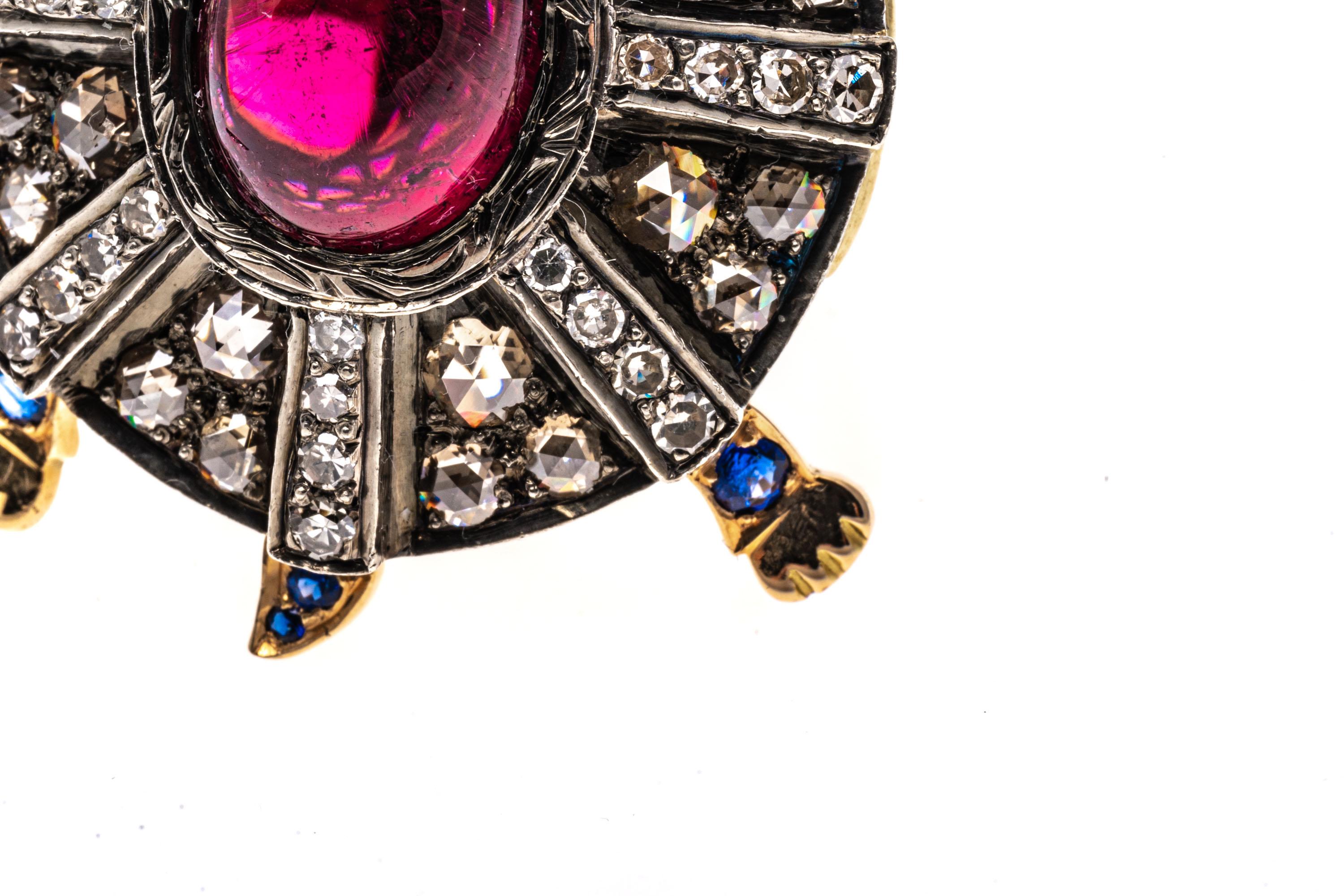18k Yellow Gold Pink Tourmaline, Diamond And Sapphire Turtle Ring For Sale 6