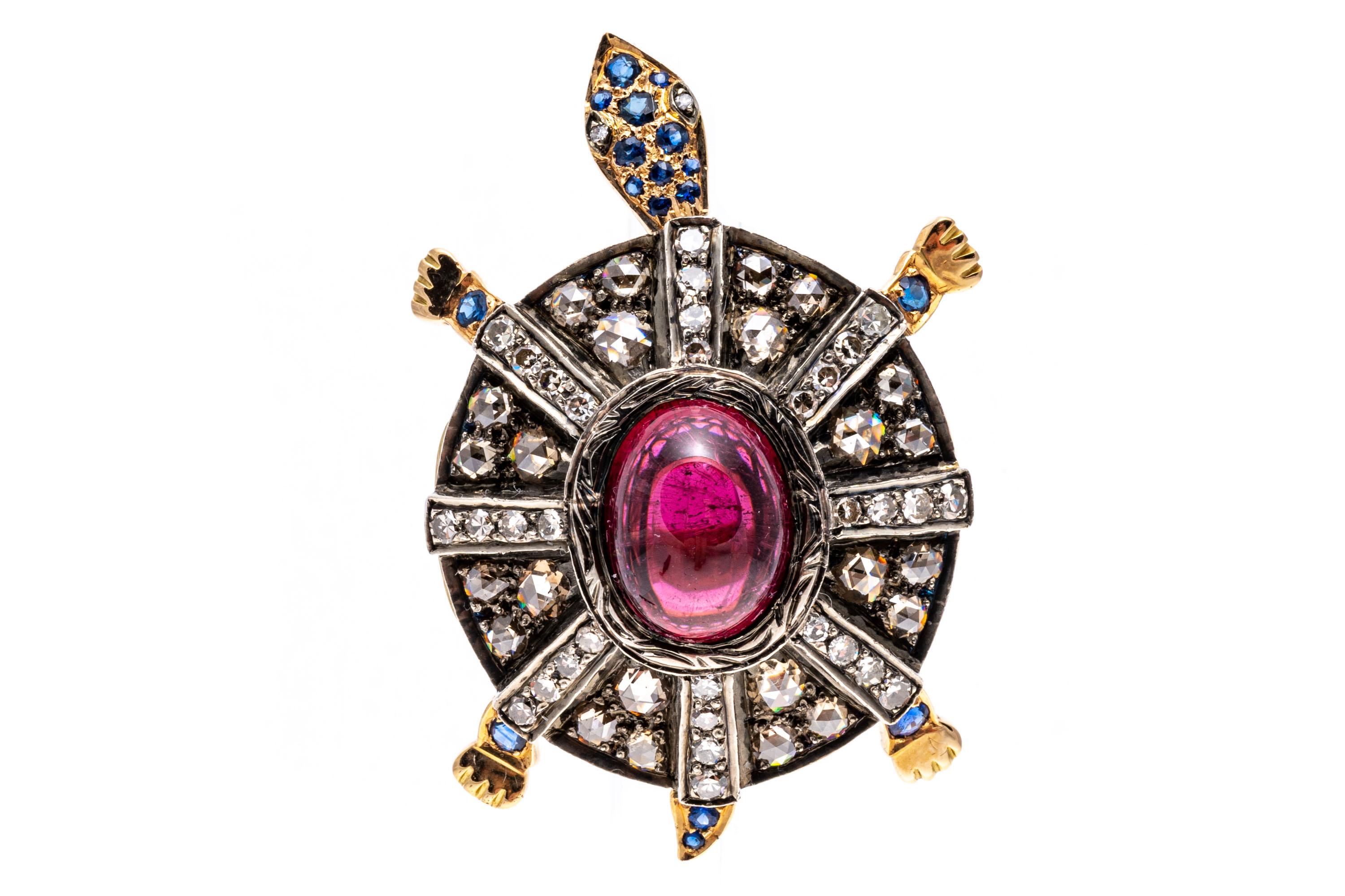 18k Yellow Gold Pink Tourmaline, Diamond And Sapphire Turtle Ring For Sale 8