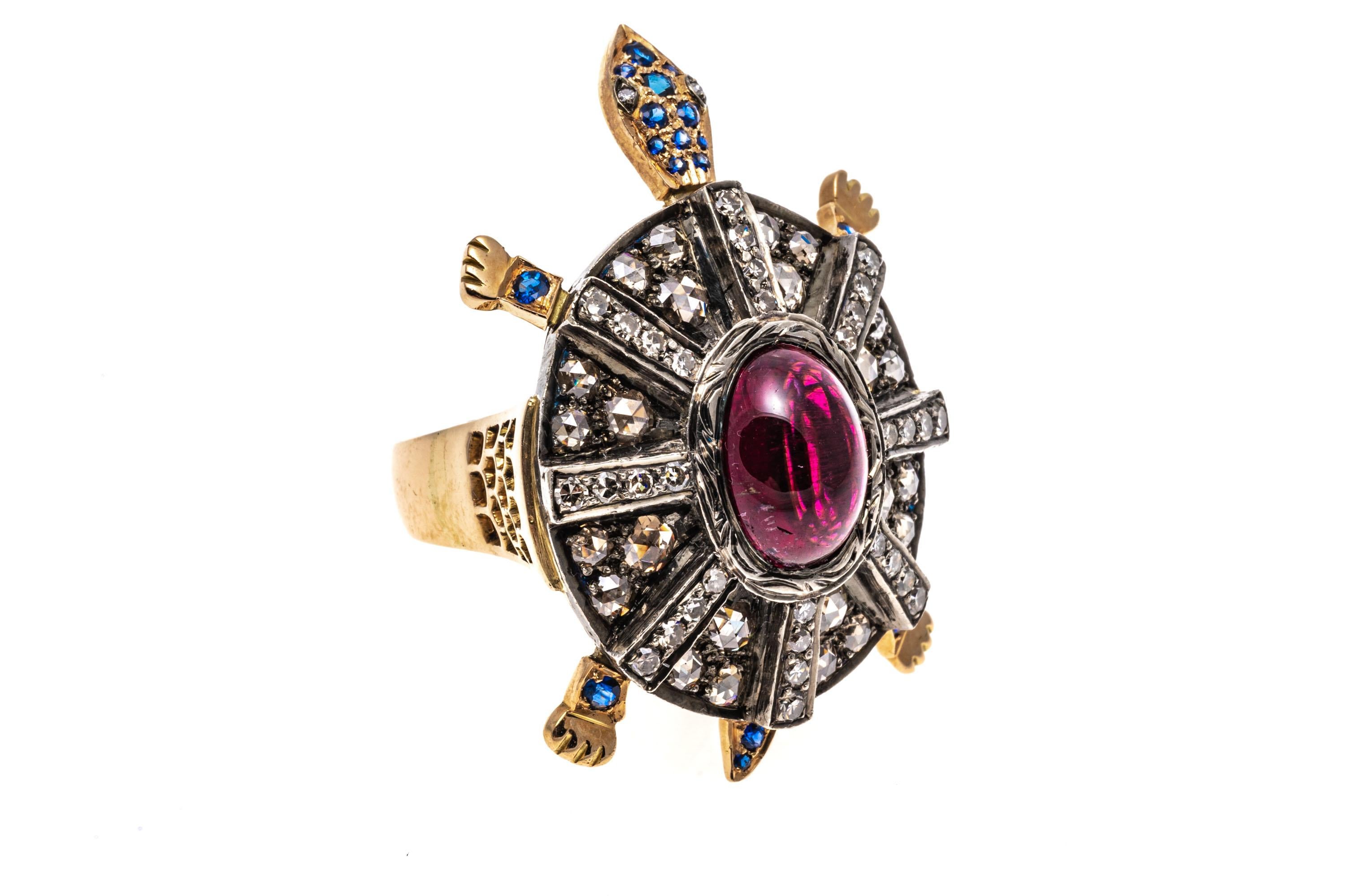 Women's 18k Yellow Gold Pink Tourmaline, Diamond And Sapphire Turtle Ring For Sale