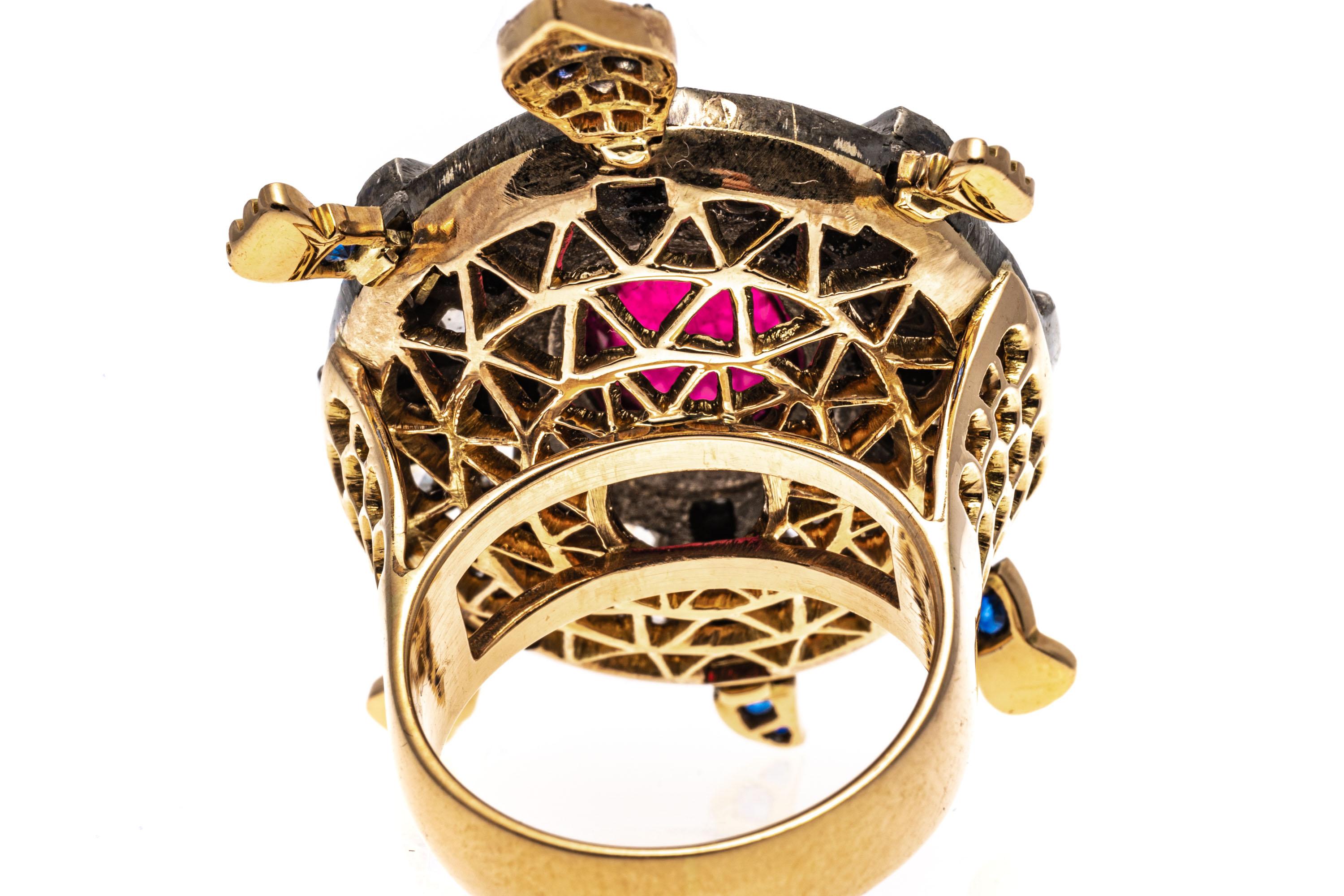 18k Yellow Gold Pink Tourmaline, Diamond And Sapphire Turtle Ring For Sale 1