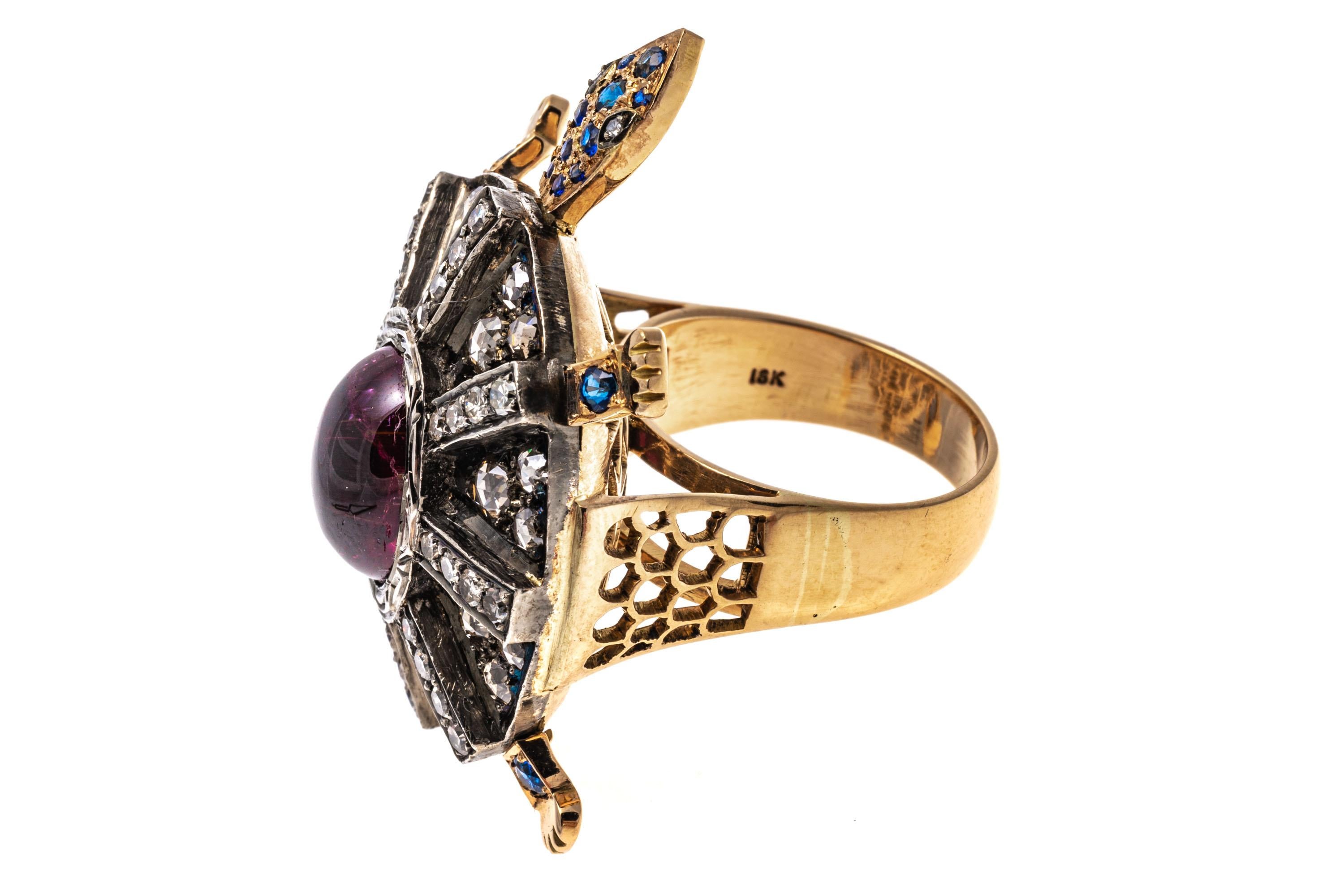 18k Yellow Gold Pink Tourmaline, Diamond And Sapphire Turtle Ring For Sale 3
