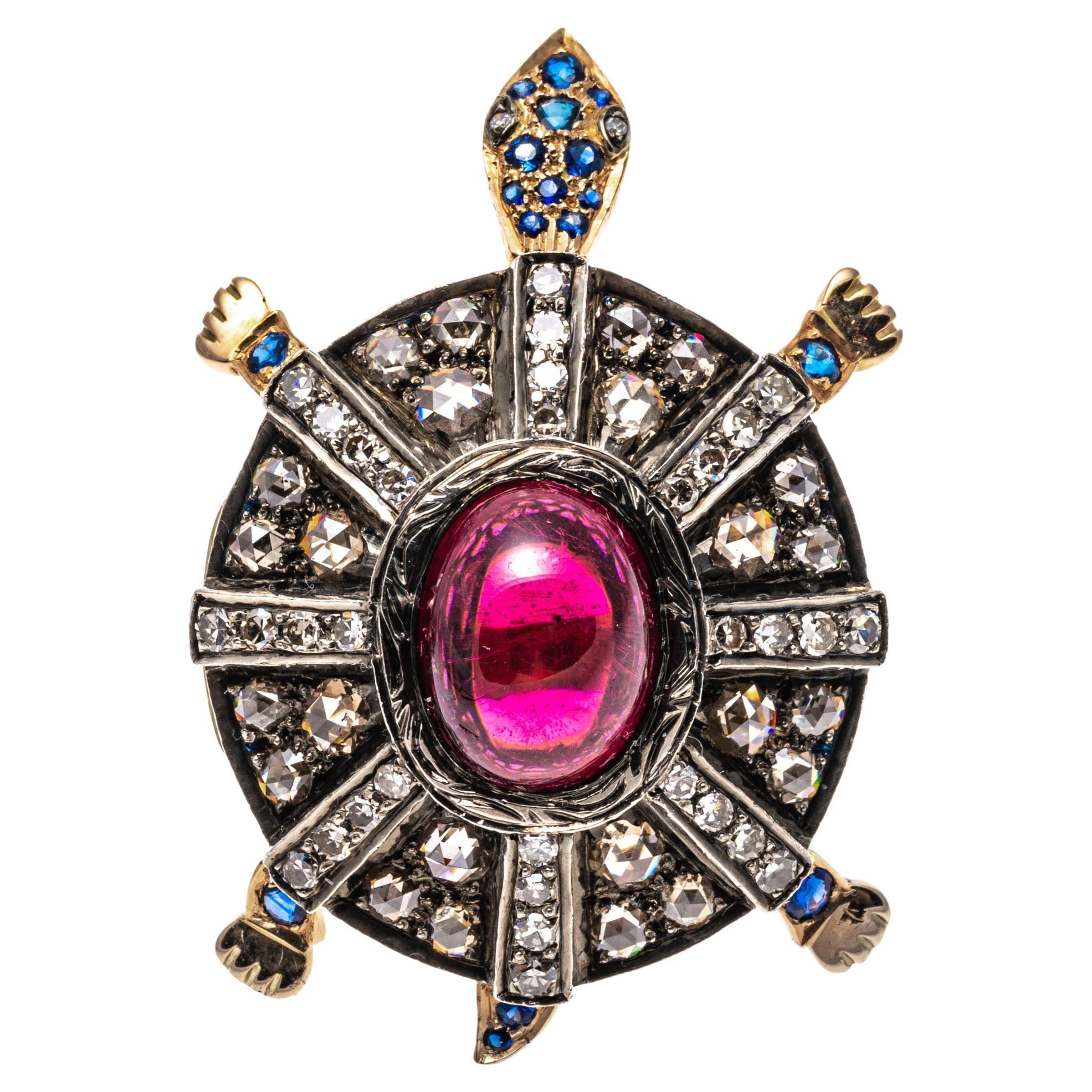 18k Yellow Gold Pink Tourmaline, Diamond And Sapphire Turtle Ring For Sale