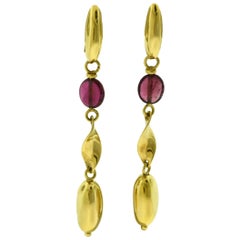 18 Karat Yellow Gold and Pink Tourmaline Long Dangle Earrings