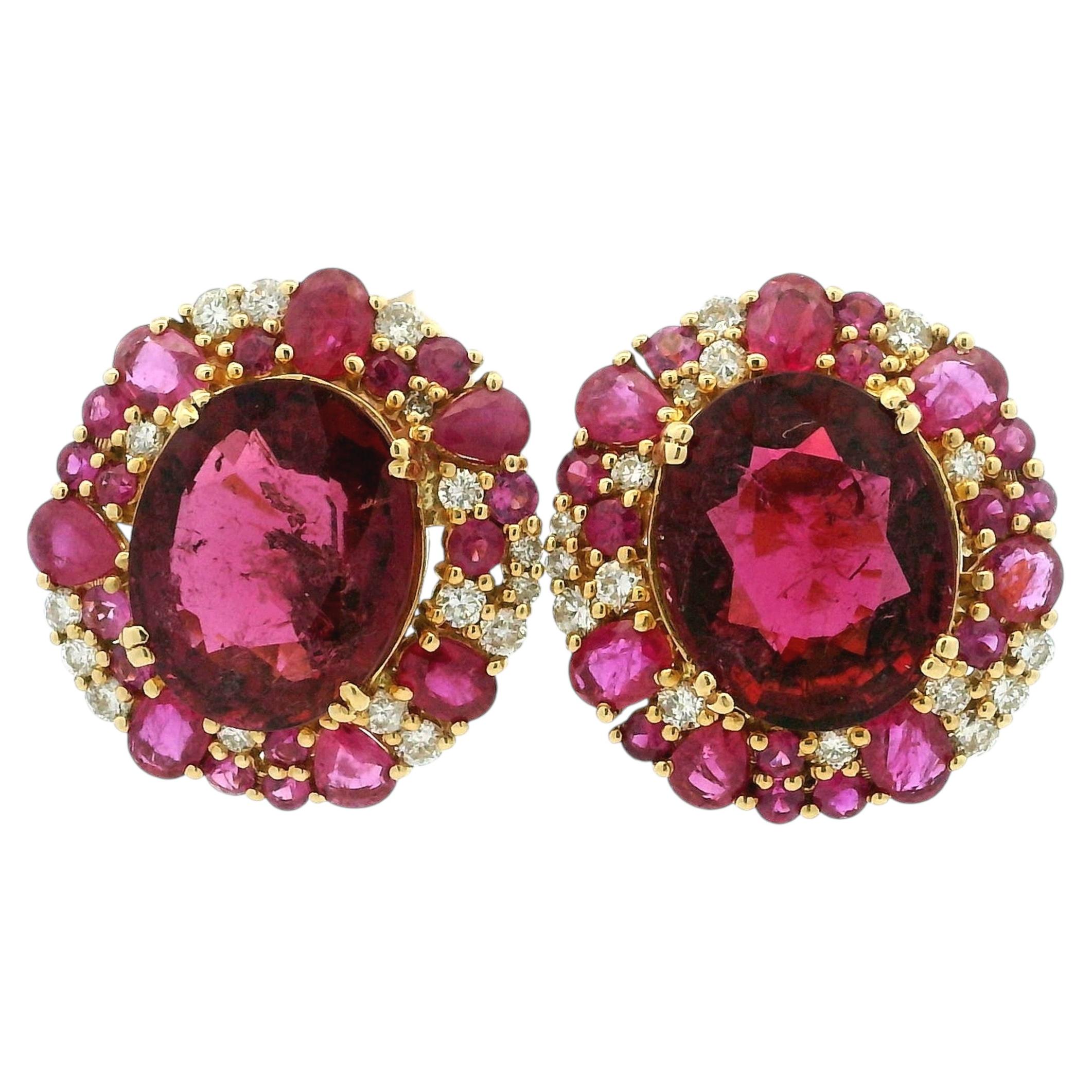 Italian Pink Tourmaline Ruby Sapphire Diamond 18K Cluster Earrings, Circa 1990