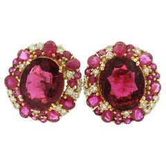 Italian Pink Tourmaline Ruby Sapphire Diamond 18K Cluster Earrings, Circa 1990