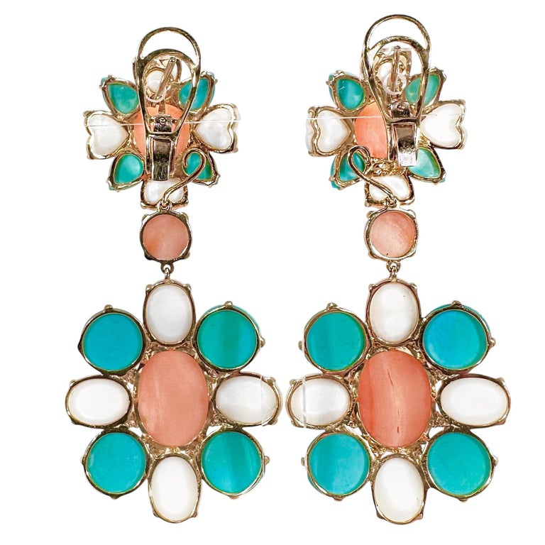 Boucles D'oreilles Or Jaune 18 Carats Avec Cabochons De Corail - Occasion