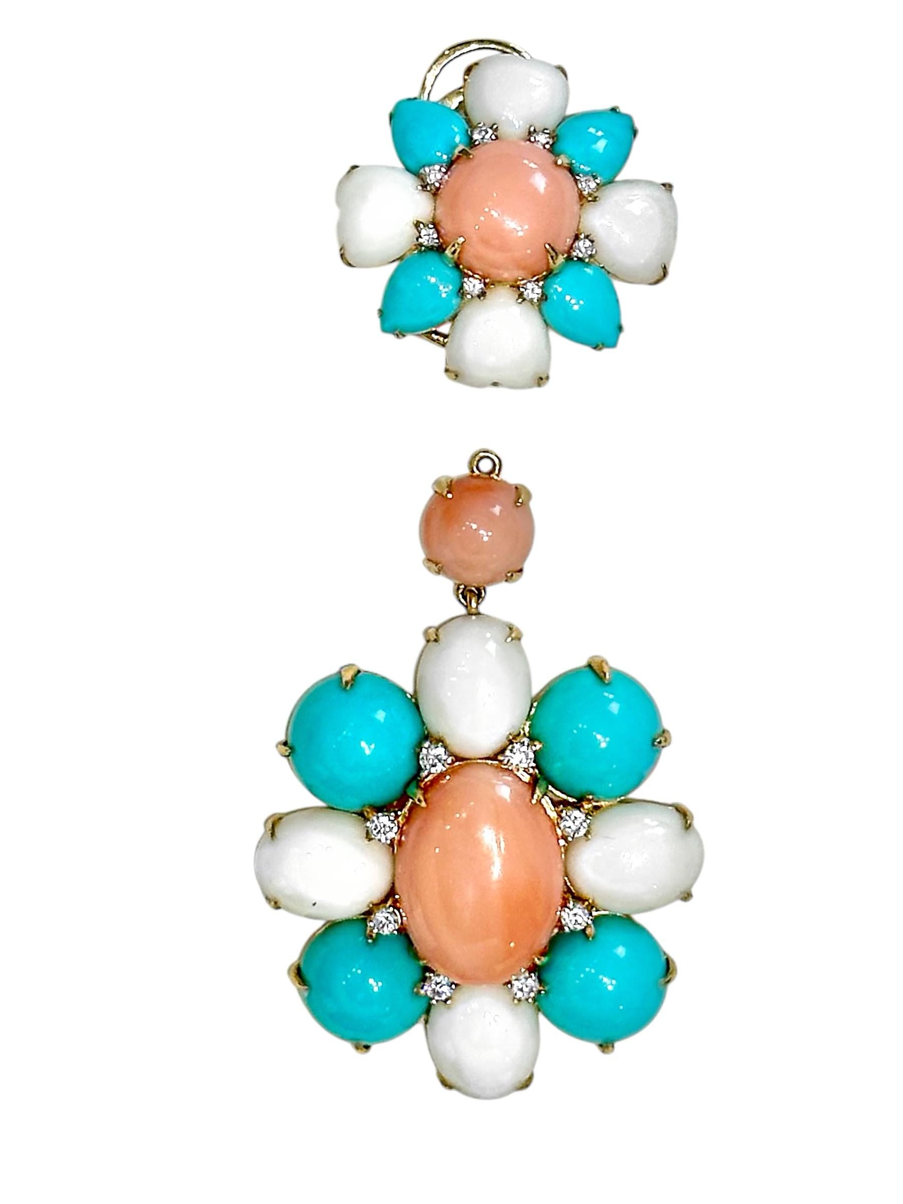 Boucles d'oreilles en or jaune 18 carats, corail roseâtre, turquoise et diamant de 2,75 pouces de long Pour femmes en vente
